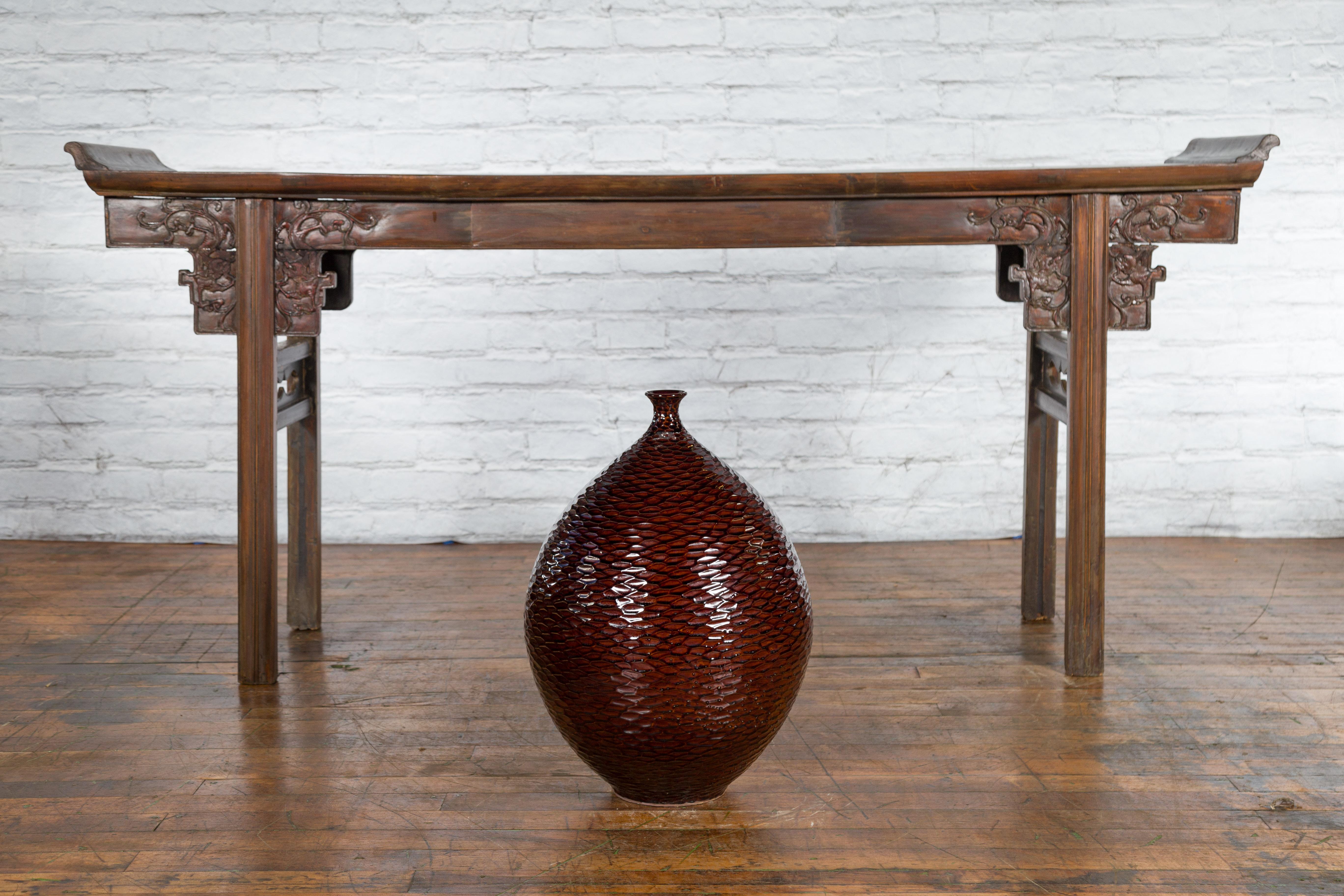 Glazed Prem Collection Handcrafted Burgundy Vase with Textured Honeycomb Style Motifs For Sale