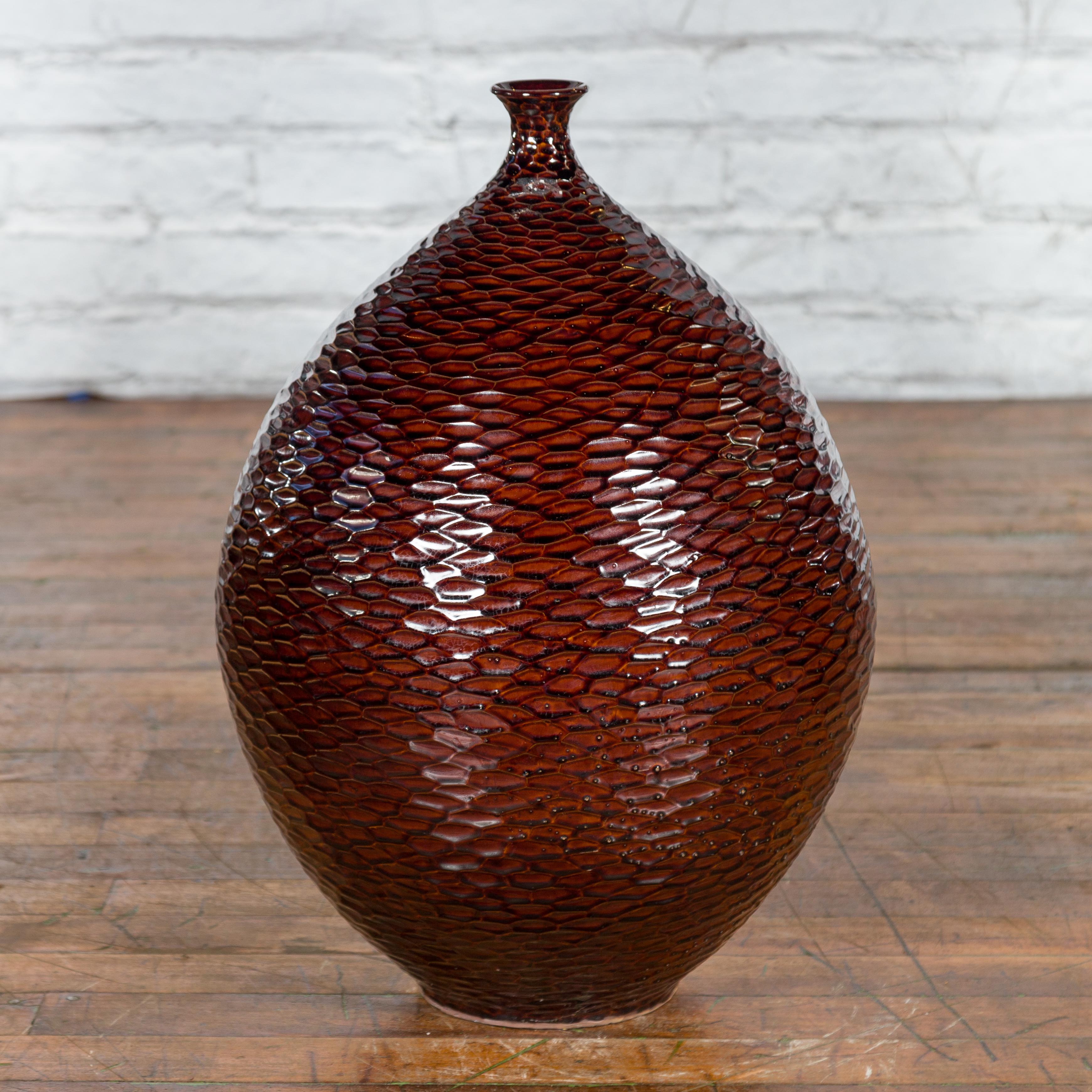 Ceramic Prem Collection Handcrafted Burgundy Vase with Textured Honeycomb Style Motifs For Sale