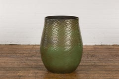 Textured Green Ceramic Vase with Snakeskin Glaze and Sculptural Silhouette