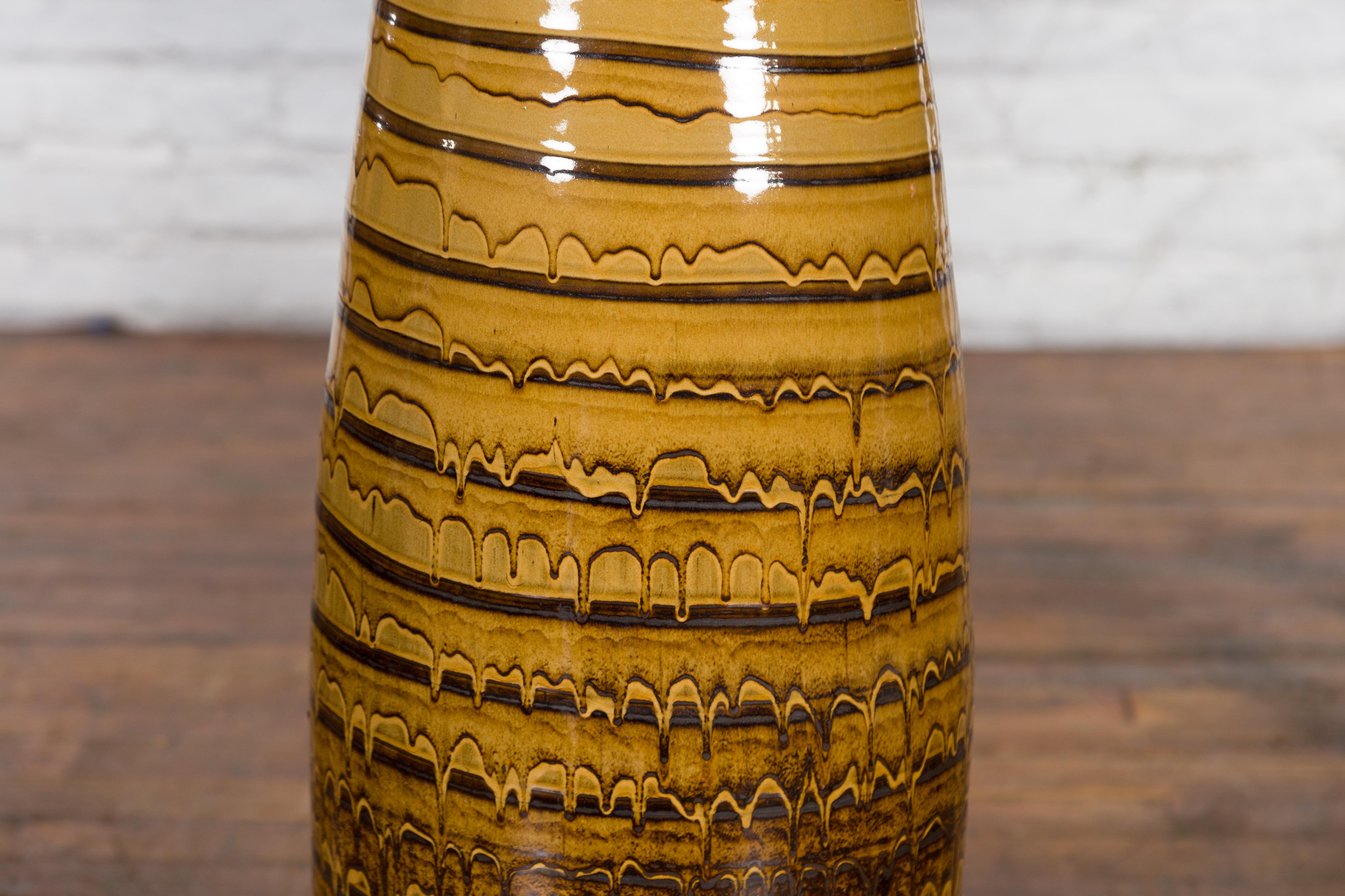 Contemporary Prem Collection Thai Artisan Yellow and Brown Ceramic Vase with Spiraling Décor For Sale