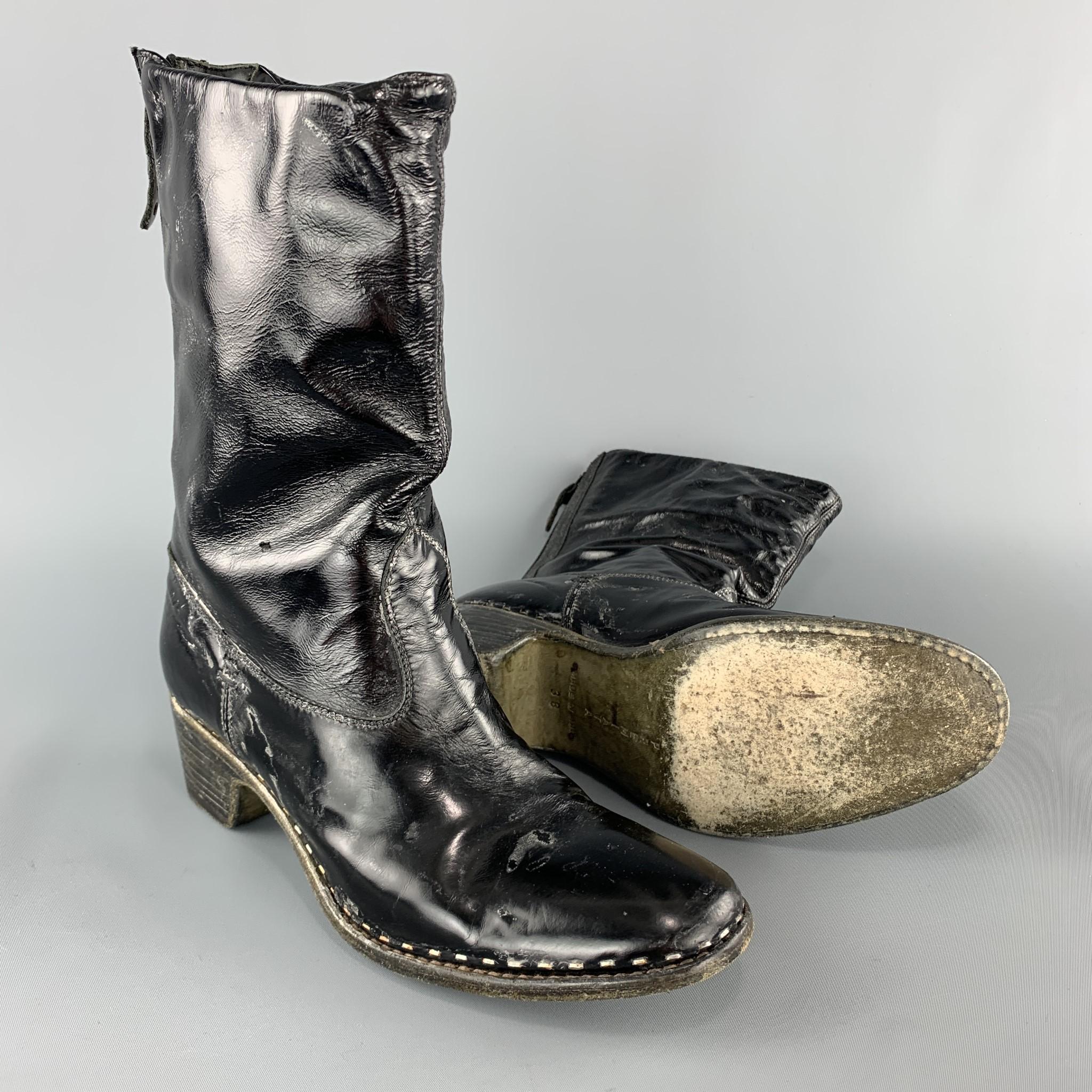 PREMIATA Size 8 Black Patent Leather Stacked Heel Boots In Good Condition In San Francisco, CA