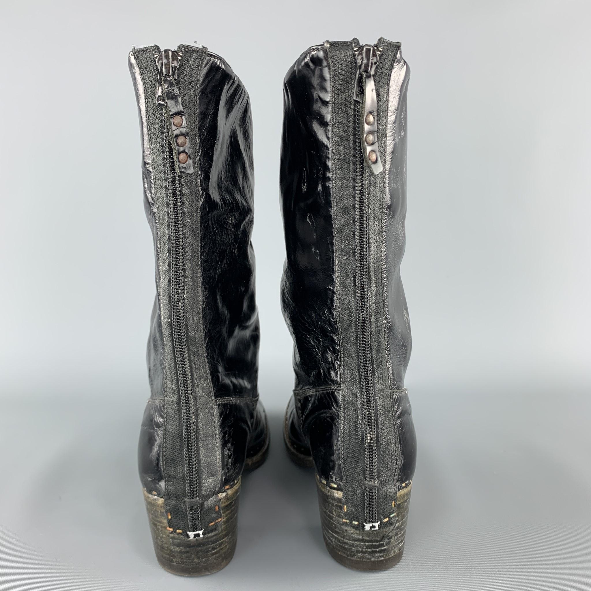 PREMIATA Size 8 Black Patent Leather Stacked Heel Boots 1