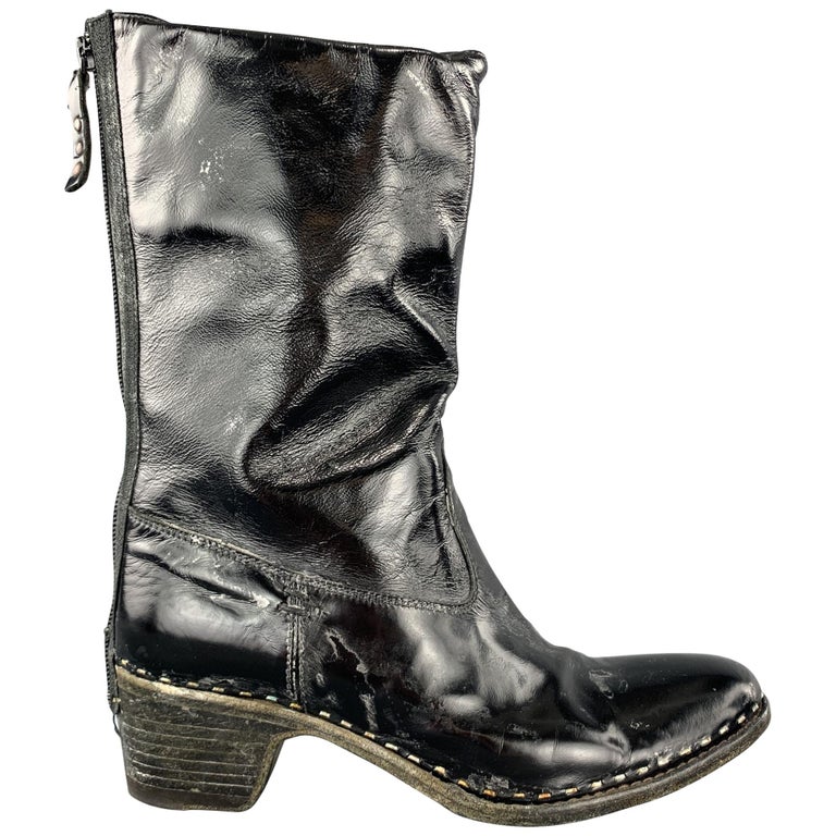 PREMIATA Size 8 Black Patent Leather Stacked Heel Boots For Sale at 1stDibs