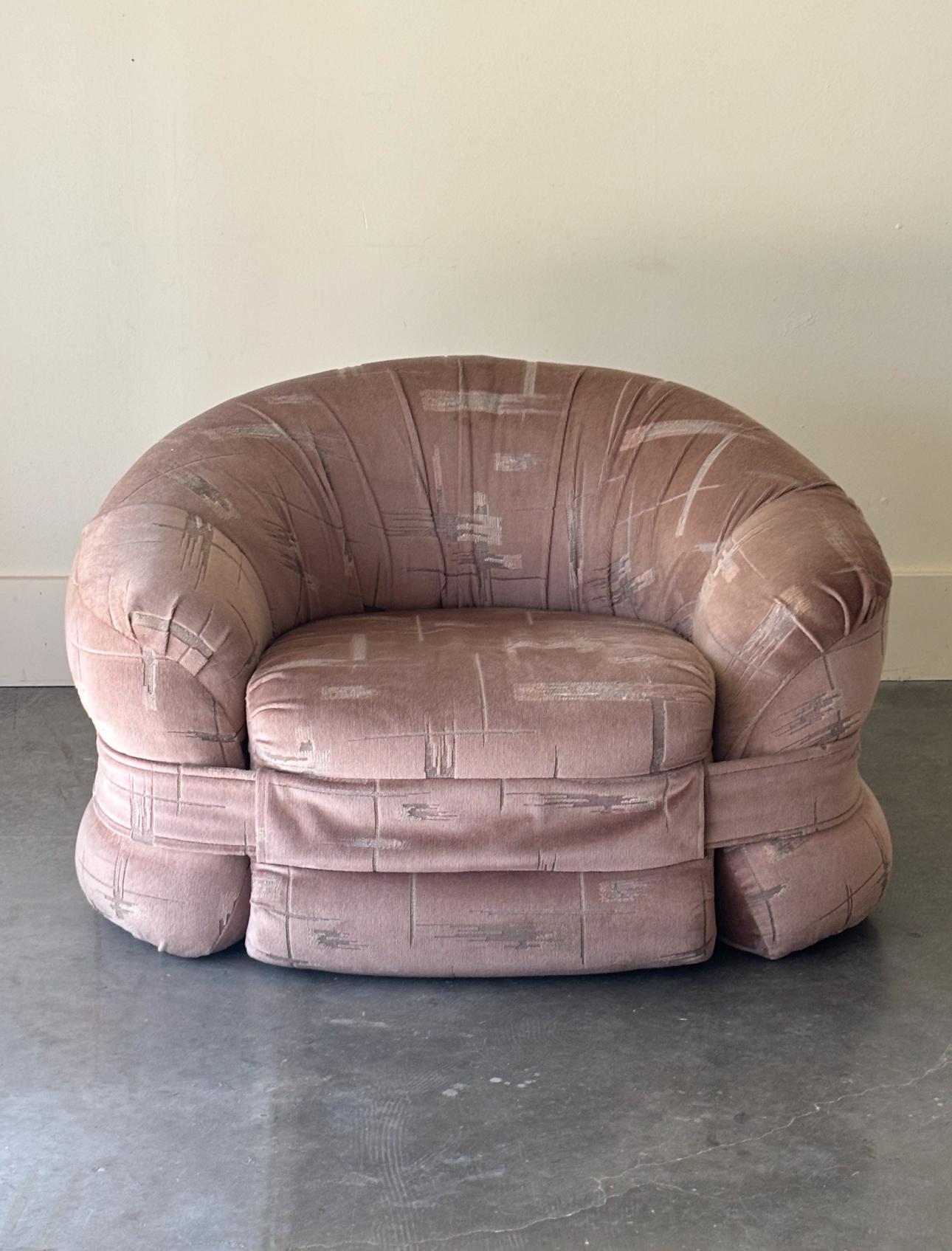 No makers mark. These were upholstered in the 1970s in a mauve pink geometric velvet. We have seven of these available and one ottoman.