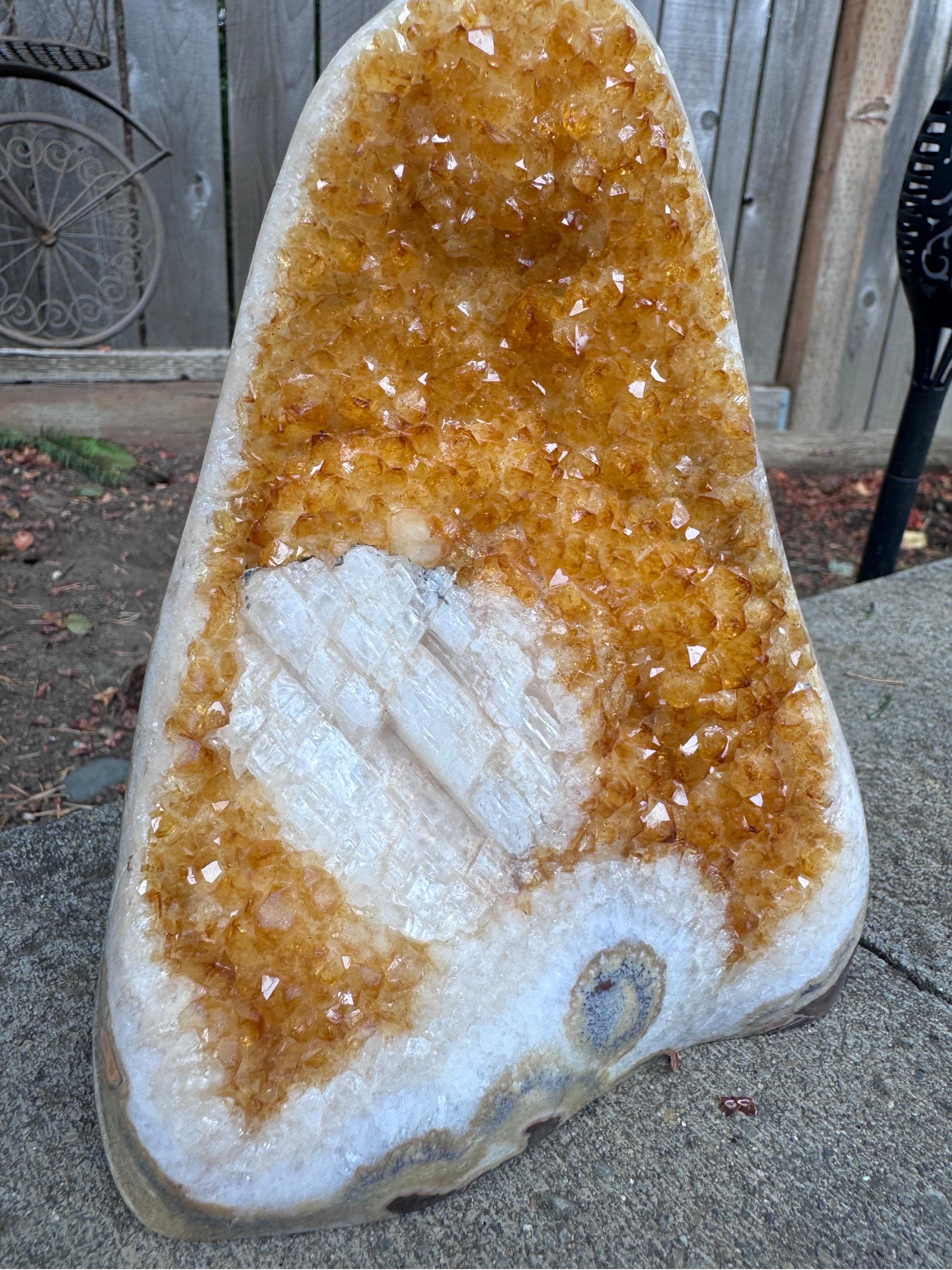 Questo squisito geode di citrino, proveniente direttamente dall'Uruguay, mostra vibranti cristalli giallo-oro che brillano meravigliosamente sotto la luce. A differenza di molti citrini brasiliani, spesso trattati termicamente e rinforzati con