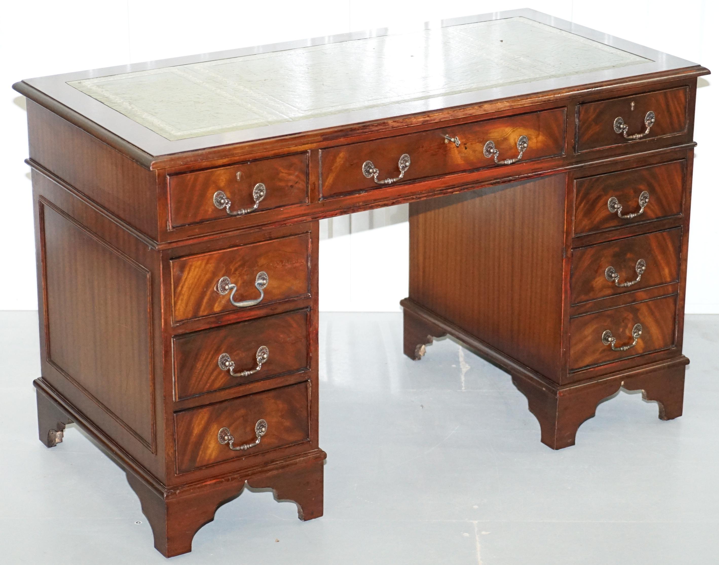 We are delighted to offer for sale this lovely flamed Mahogany with green leather writing surface twin pedestal partner desk

Please note the delivery fee listed is just a guide, it covers within the M25 only

This desk has the tradition drawer
