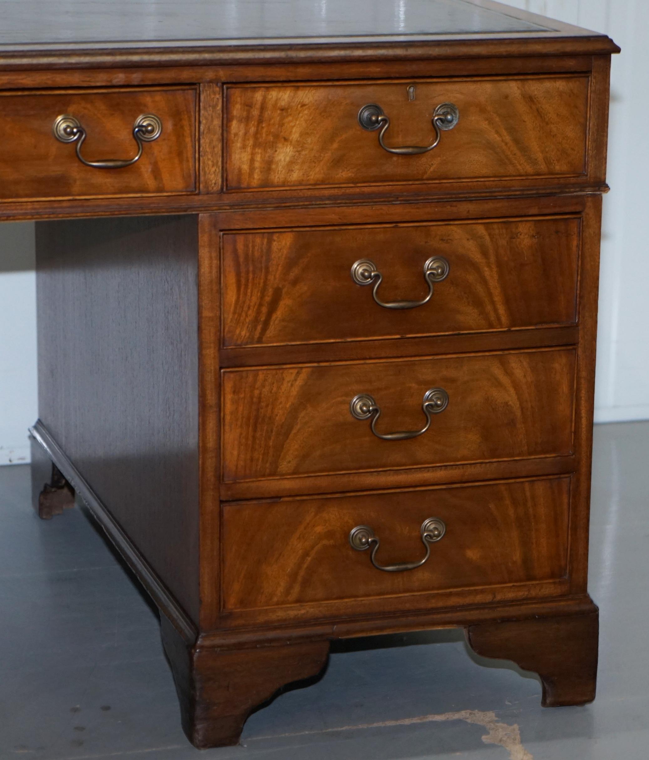 Premium Large Vintage Brown Leather Topped Mahogany Twin Pedestal Partner Desk 3