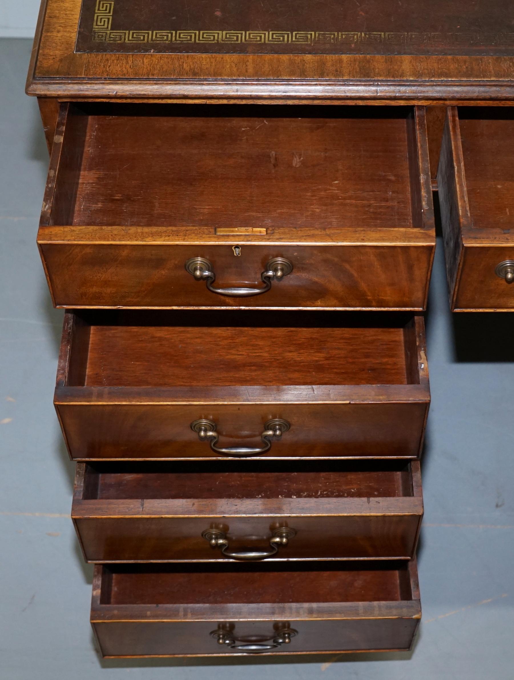 Premium Large Vintage Brown Leather Topped Mahogany Twin Pedestal Partner Desk 9