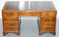 Premium Large Vintage Brown Leather Topped Mahogany Twin Pedestal Partner Desk