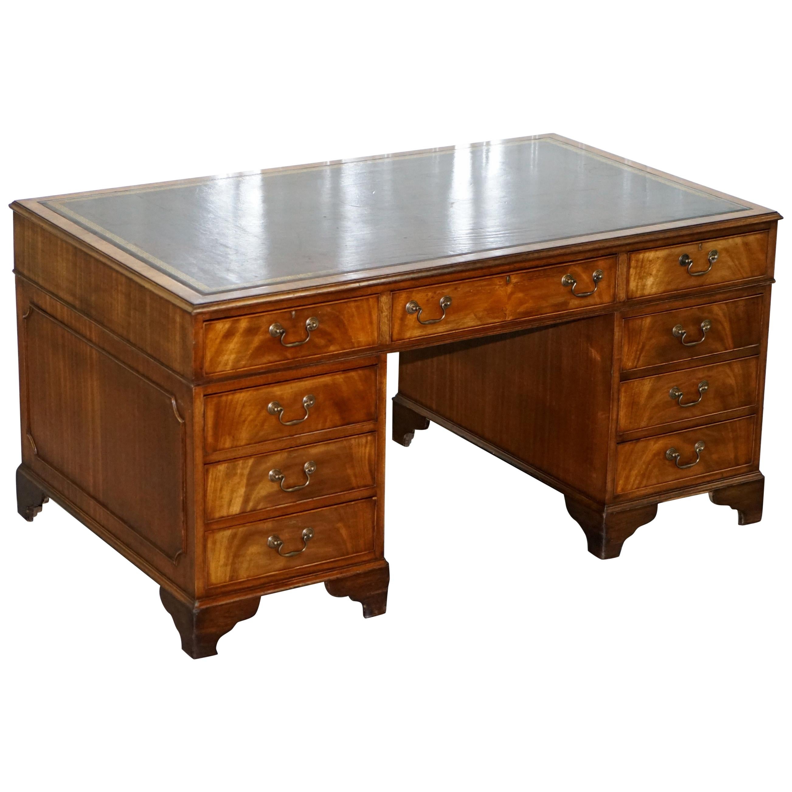 Premium Large Vintage Brown Leather Topped Mahogany Twin Pedestal Partner Desk