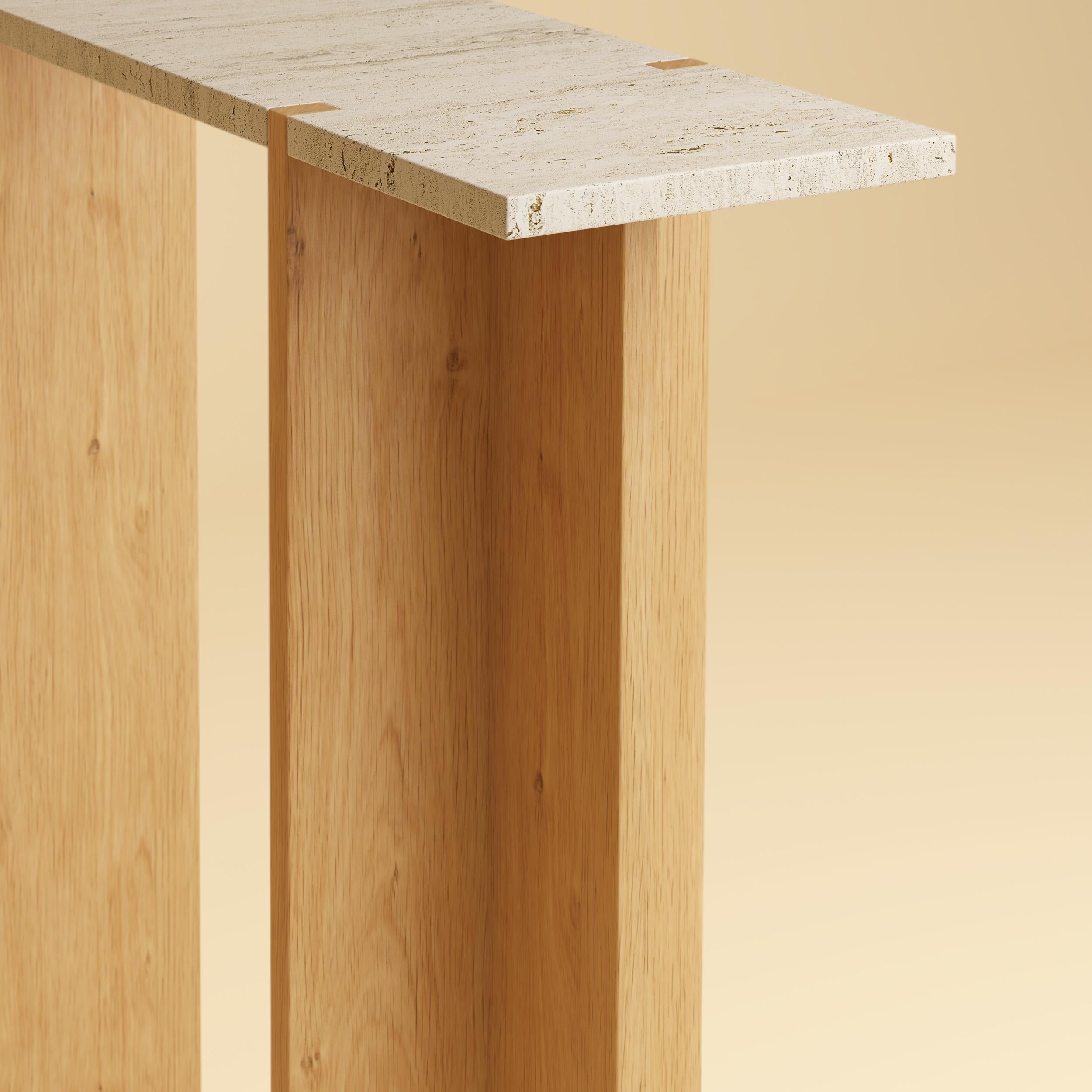 Italian Premium Marble and Oak Console Table - Roman Travertine For Sale