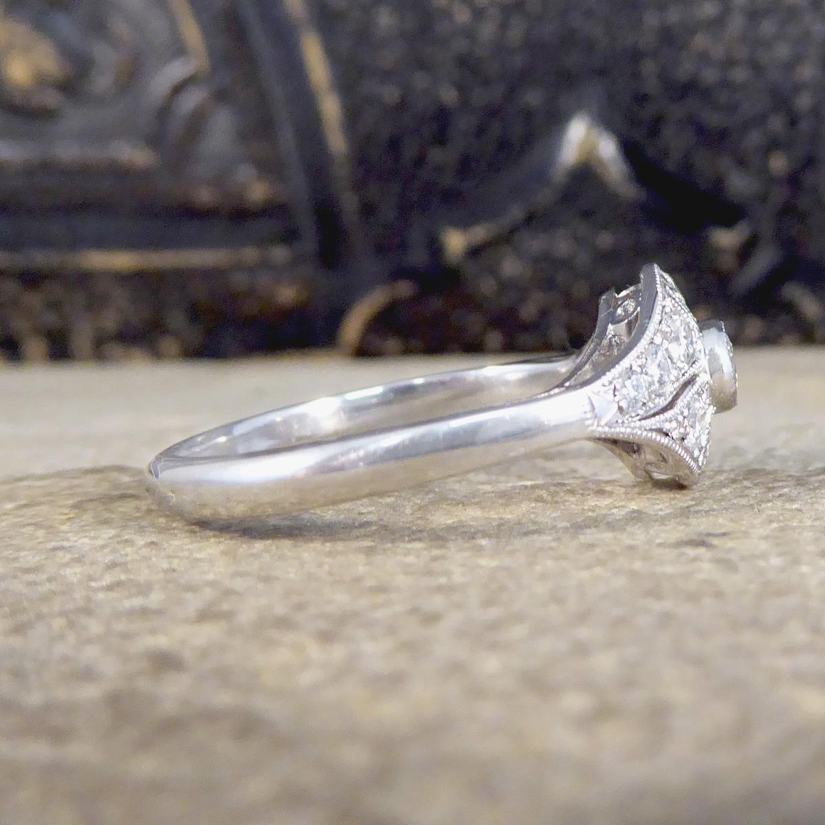 Round Cut Premium Period Art Deco Replica 0.45ct Diamond Ring in 18ct White Gold For Sale