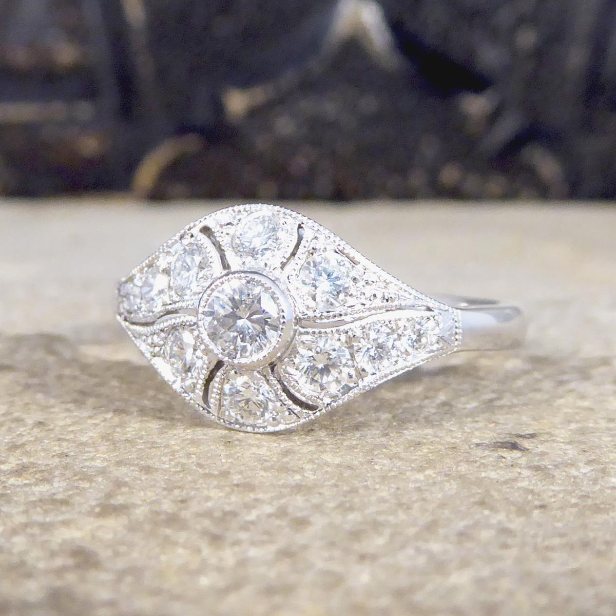 Women's or Men's Premium Period Art Deco Replica 0.45ct Diamond Ring in 18ct White Gold For Sale