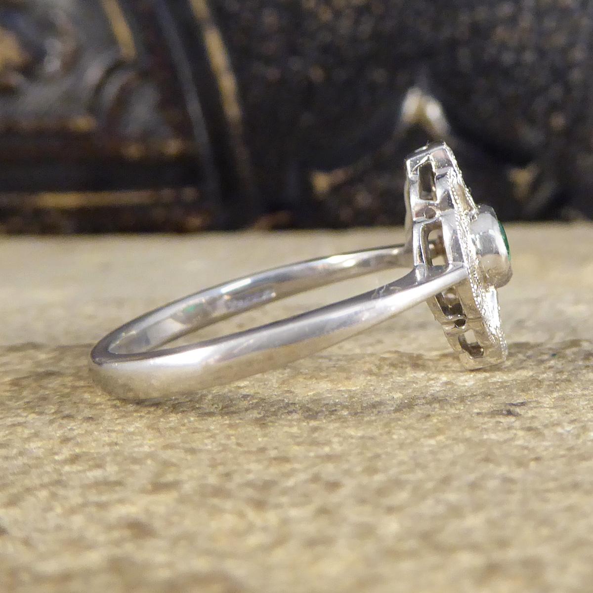 Round Cut Premium Period Art Deco Replica Emerald and Diamond Ring in 18ct White Gold For Sale