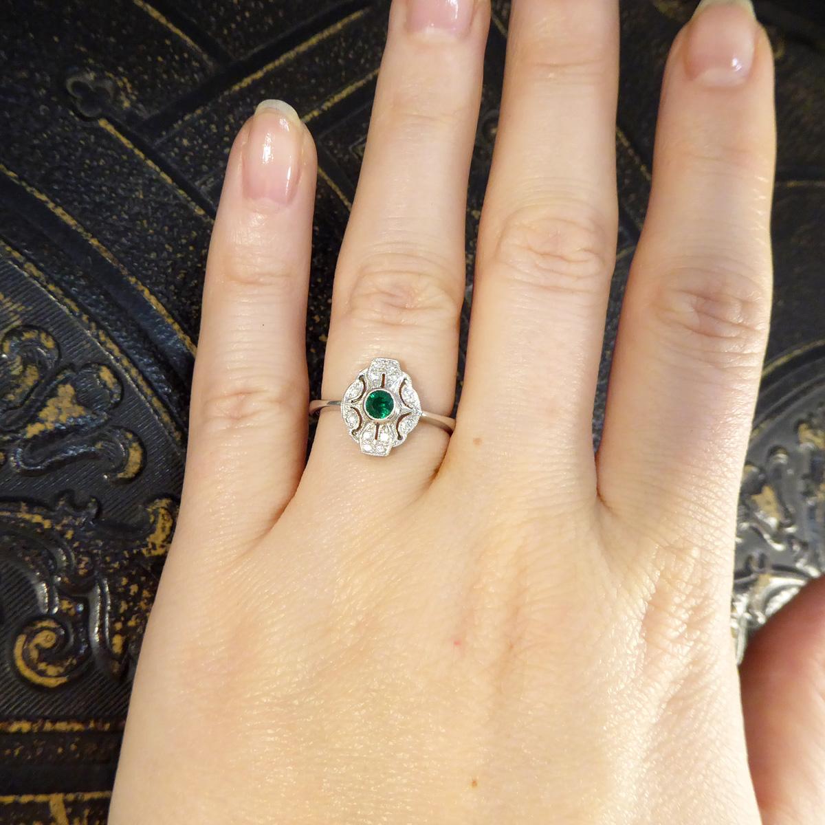 Women's Premium Period Art Deco Replica Emerald and Diamond Ring in 18ct White Gold For Sale