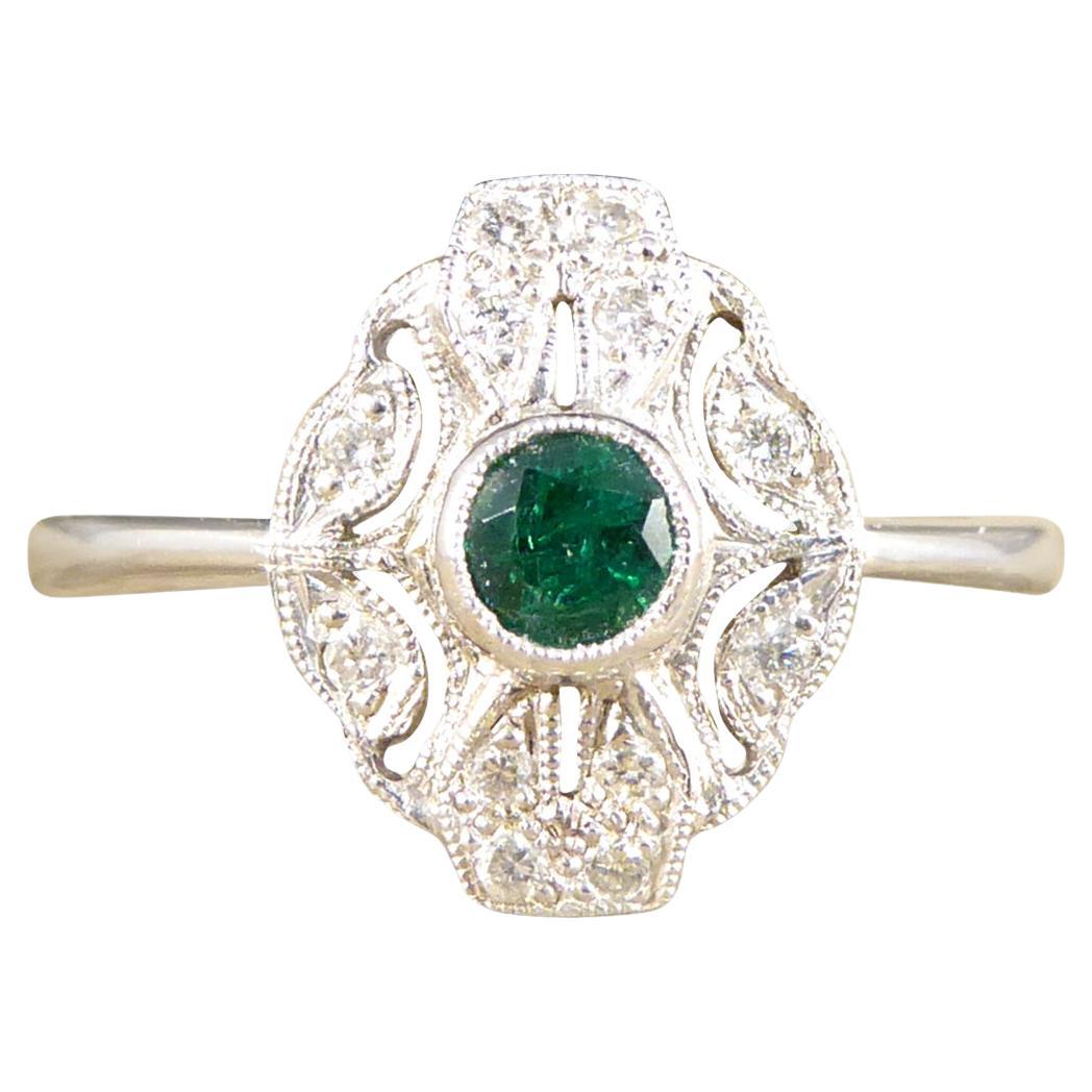 Premium Period Art Deco Replica Emerald and Diamond Ring in 18ct White Gold For Sale