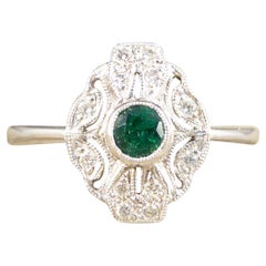 Premium Period Art Deco Replica Emerald and Diamond Ring in 18ct White Gold
