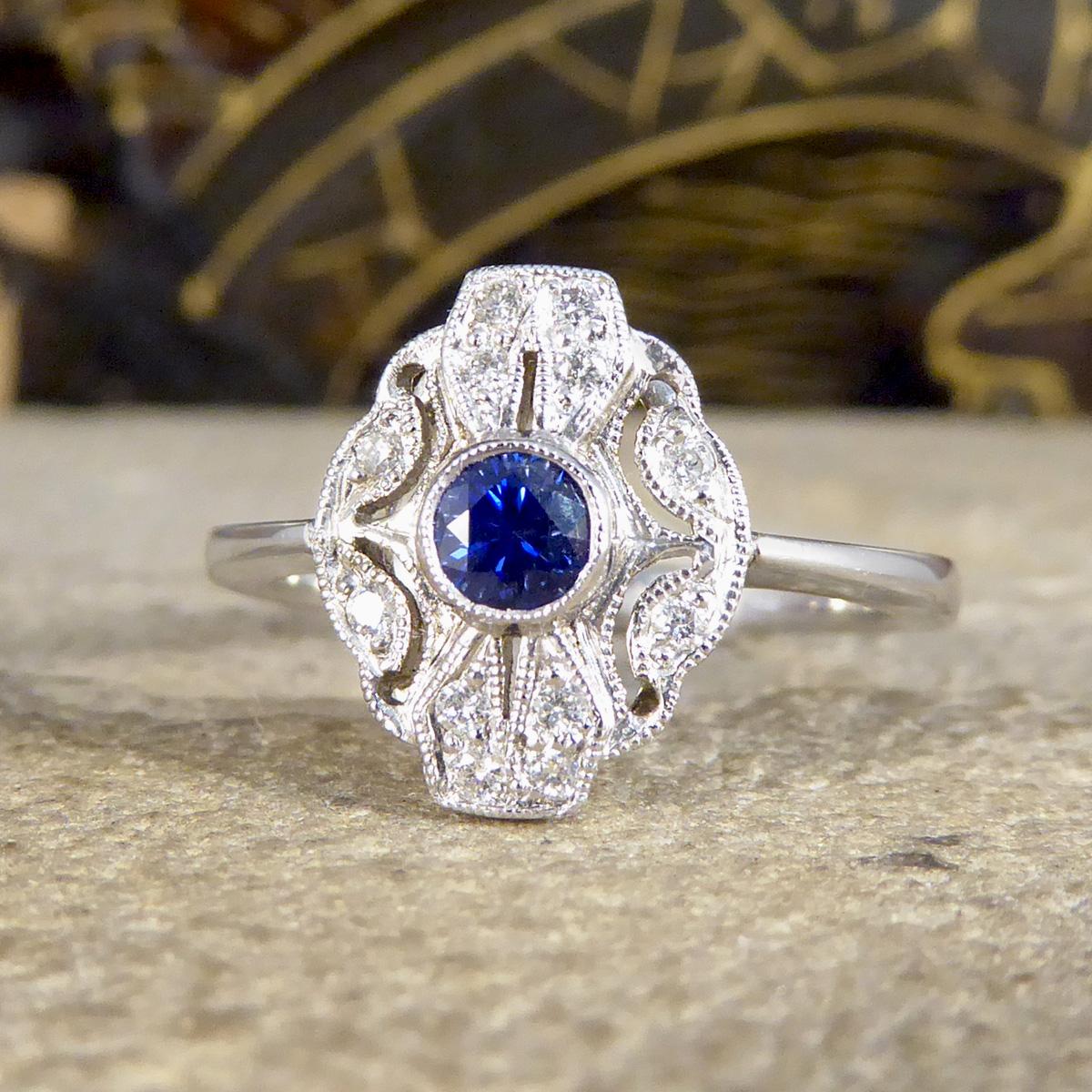 Women's or Men's Premium Period Art Deco Replica Sapphire & Diamond Plaque Ring 18ct White Gold For Sale