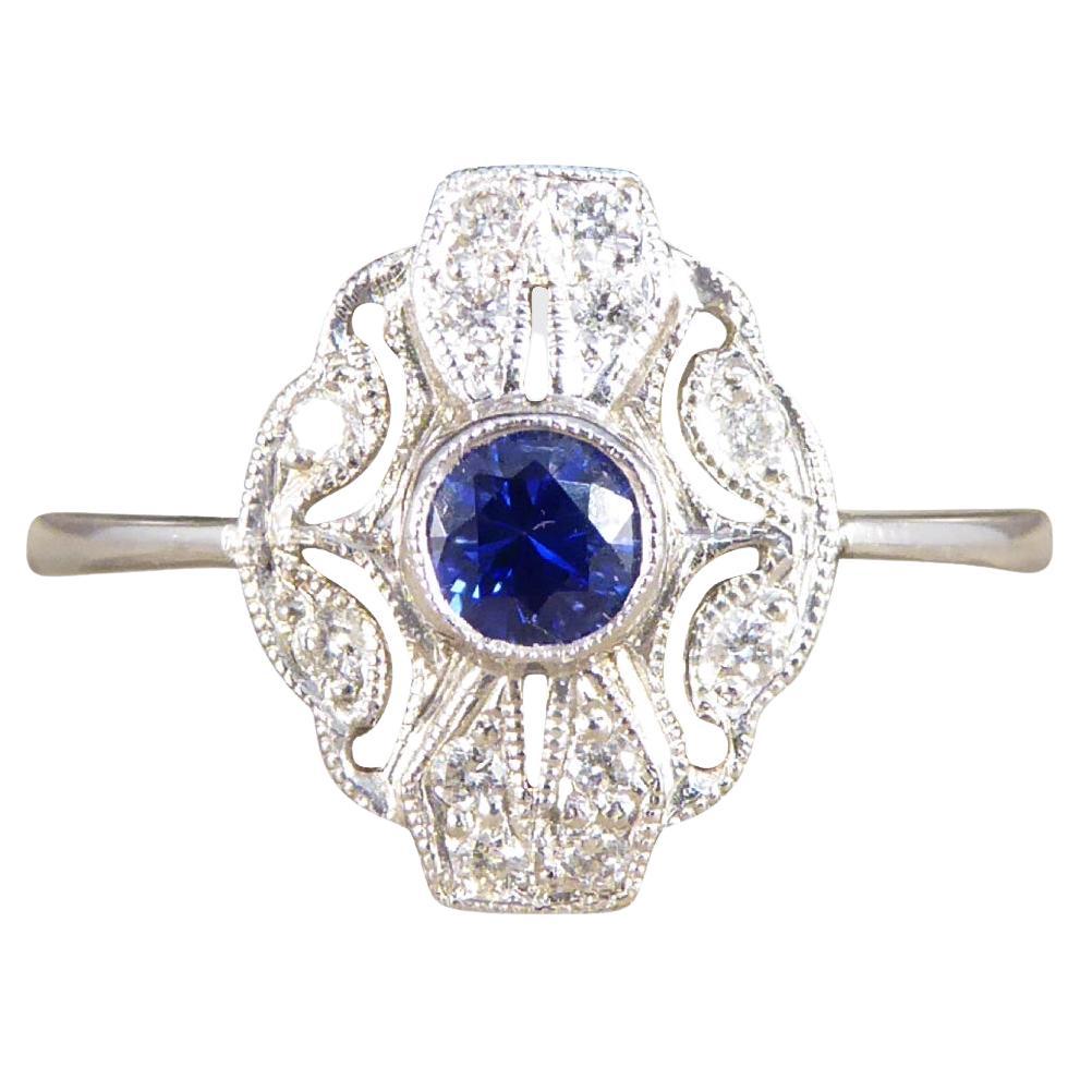 Premium Period Art Deco Replica Sapphire & Diamond Plaque Ring 18ct White Gold For Sale