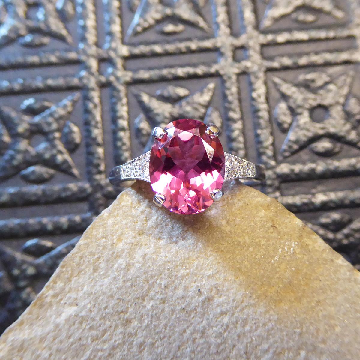 Premium Period Deco Replica 2.38ct Pink Tourmaline Diamond Ring 18ct White Gold For Sale 4