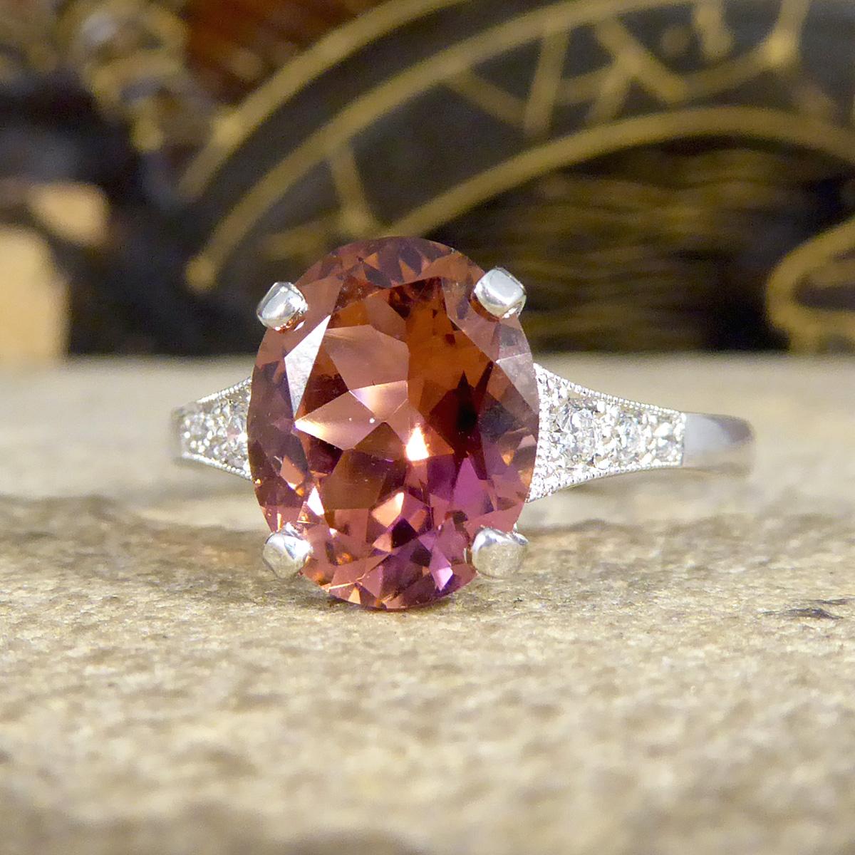 Premium Period Deco Replica 2.38ct Pink Tourmaline Diamond Ring 18ct White Gold In New Condition For Sale In Yorkshire, West Yorkshire