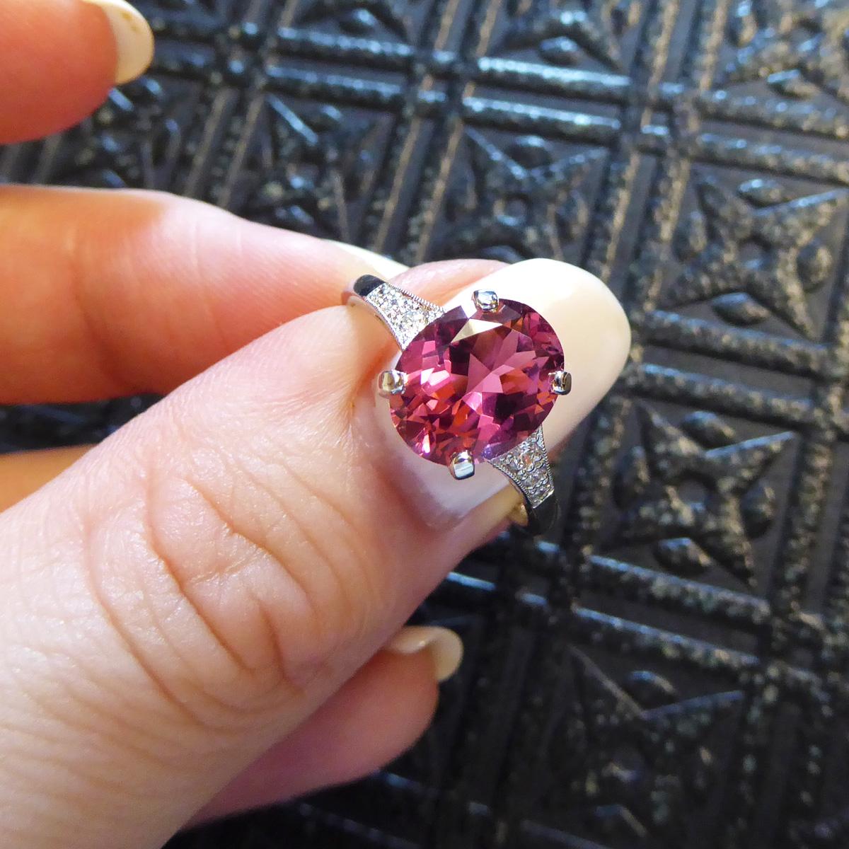 Premium Period Deco Replica 2.38ct Pink Tourmaline Diamond Ring 18ct White Gold For Sale 3