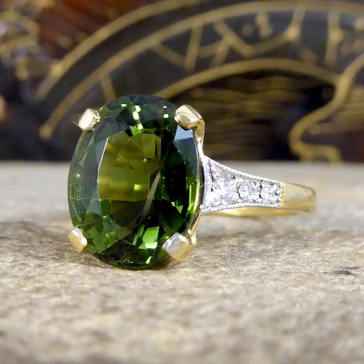 Premium Period Deco Replica 4.10ct Green Tourmaline and Diamond Ring 18ct Gold In New Condition In Yorkshire, West Yorkshire