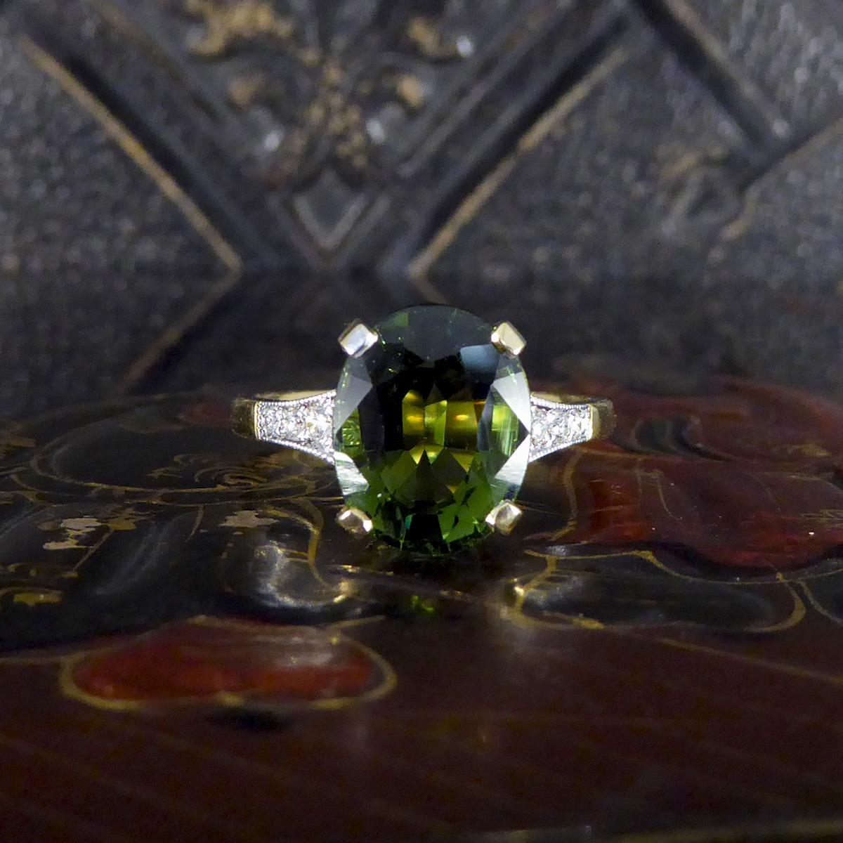 Premium Period Deco Replica 4.10ct Green Tourmaline and Diamond Ring 18ct Gold 1