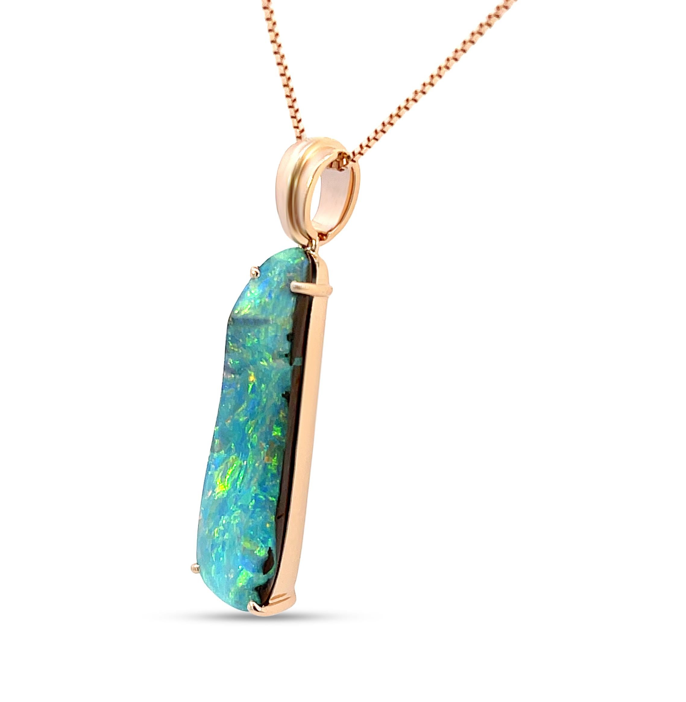 Exquisite and regal is the ‘Mystery of Love’ opal pendant featuring a simple design and sophisticated look. The marvellous 10.94ct boulder opal sourced from Winton fields, Australia, presents a most alluring play-of-colour which reveal the beauty of