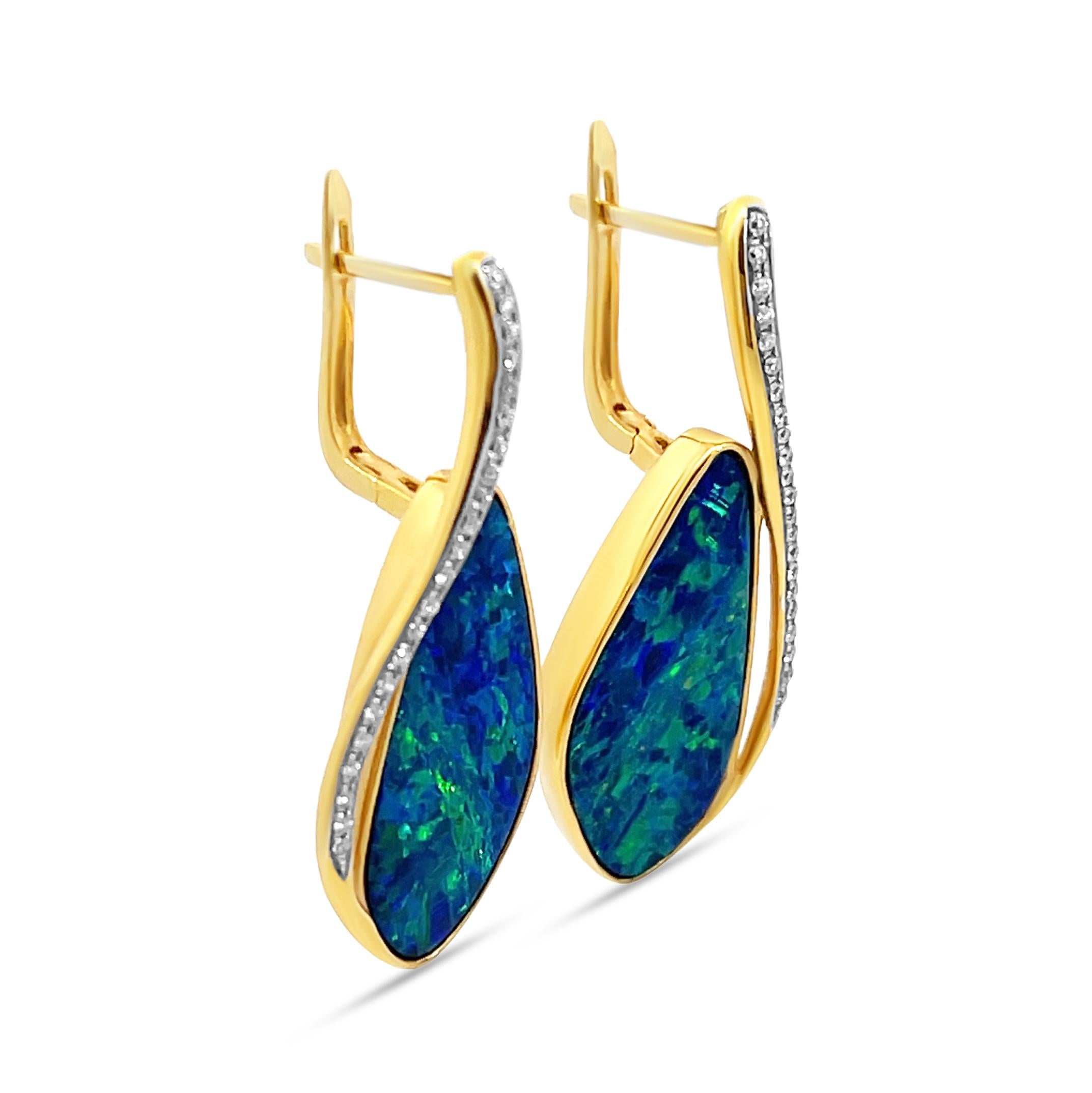 Contemporary Premium Quality Australian 12.22ct Opal Doublet Earrings 18K Gold with Diamonds For Sale