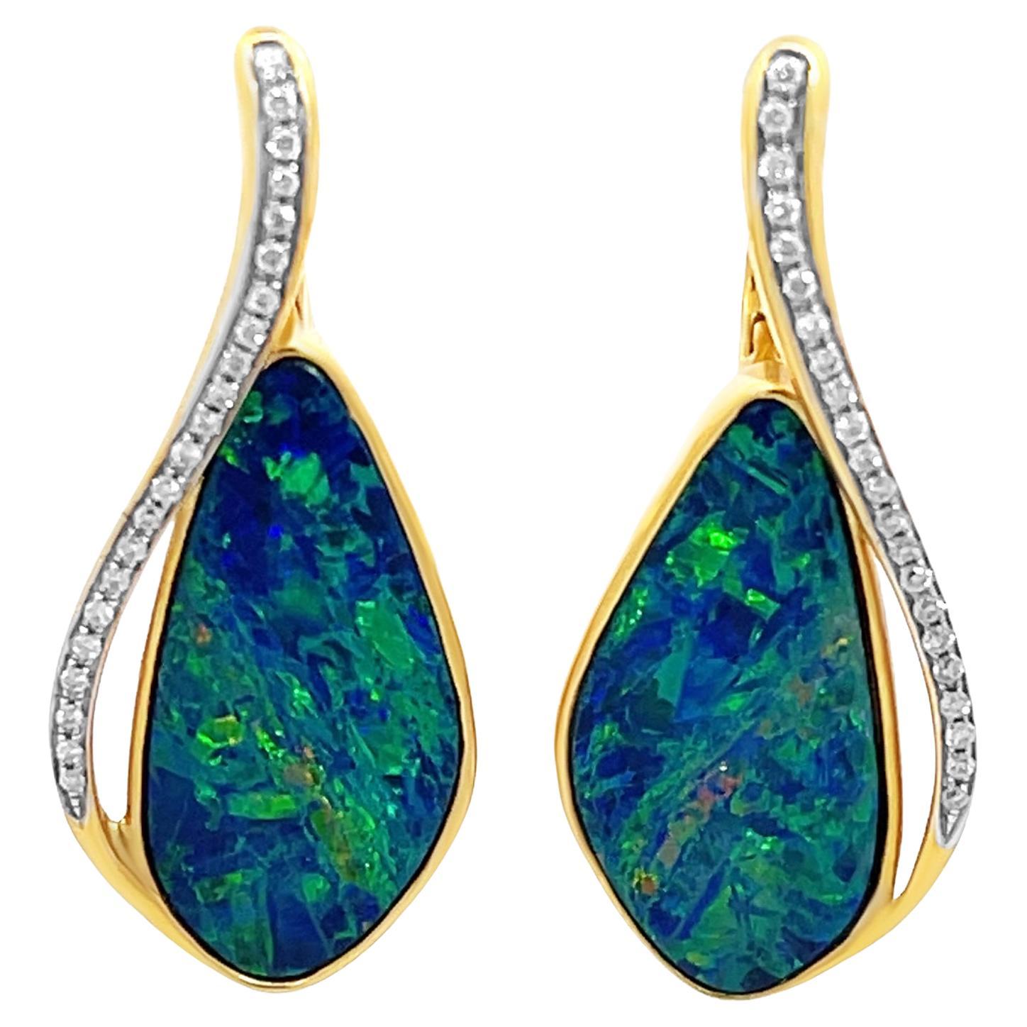 Premium Quality Australian 12.22ct Opal Doublet Earrings 18K Gold with Diamonds For Sale