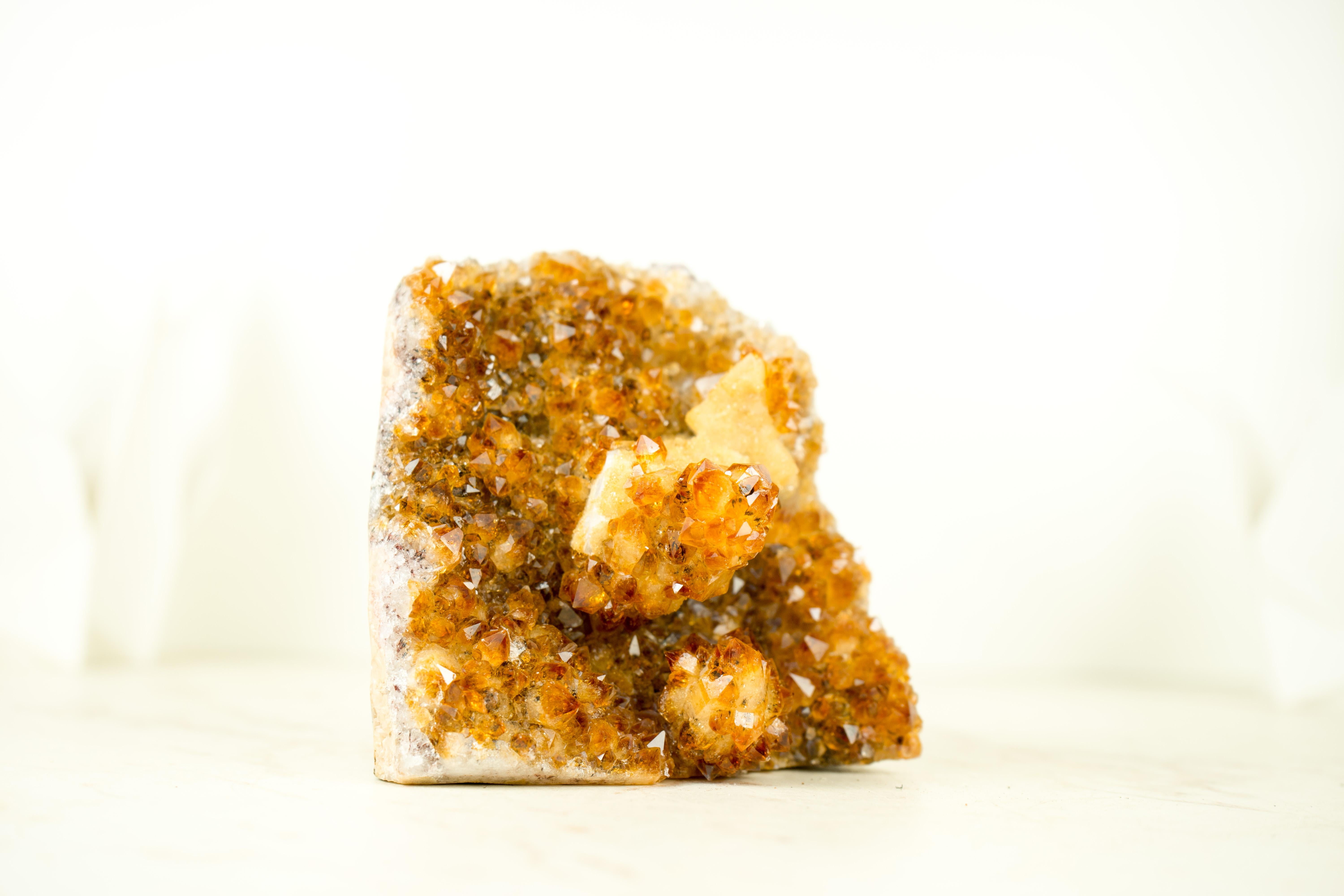 Brazilian Premium Small Citrine Cluster with Stalactite Flower, with Rare Calcite & Druzy For Sale