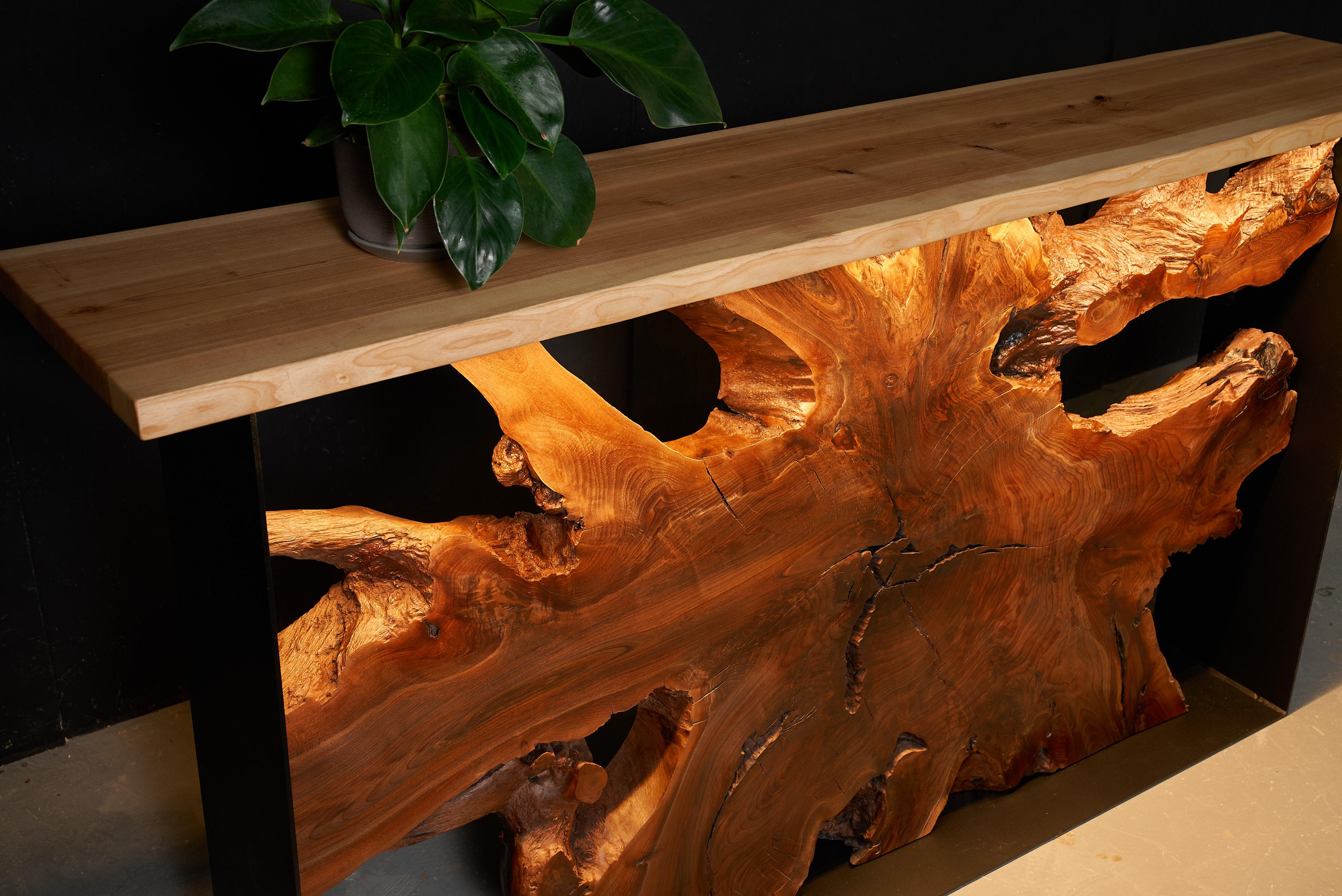 Hand-Crafted Natural Handmade Walnut Root Reception Desk and Bar Counter Led Backlighting For Sale