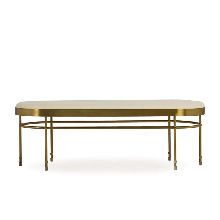 Art Deco Inspired Curved Bench Upholstered In Premium Wool With Brass Finishes For Sale At 1stdibs