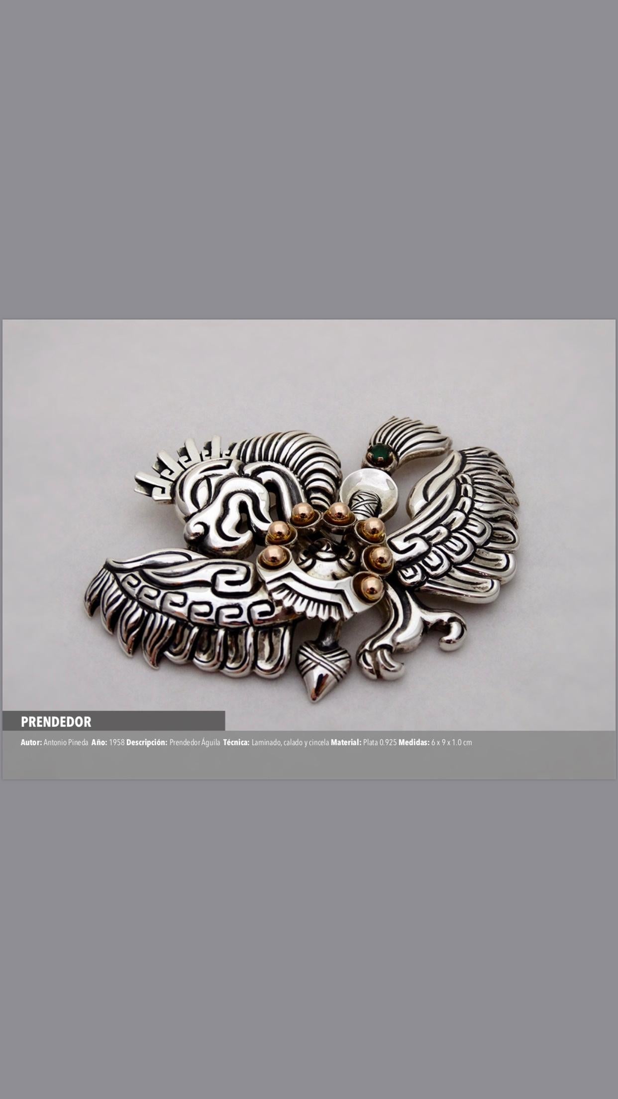 Eagle pin, in sterling silver .925 winner of the national silver award in the year 1958, in the city of Taxco Guerrero, Mexico. Laminated technique, openwork and chiseling