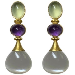Prenite, Amethyst, and Moonstone Earrings, 18 Karat Gold, A2 by Arunashi