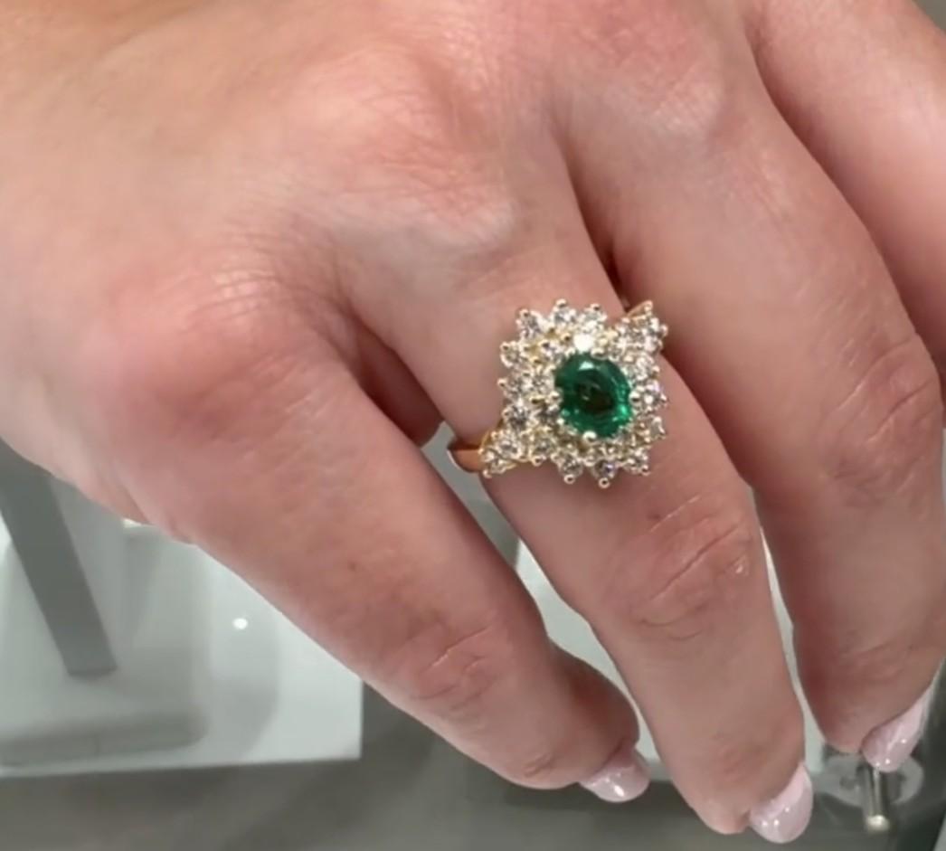Preowned 14K Yellow Gold 0.70 Carat Oval Emerald and 1.00 Carat Diamond Ring For Sale 1