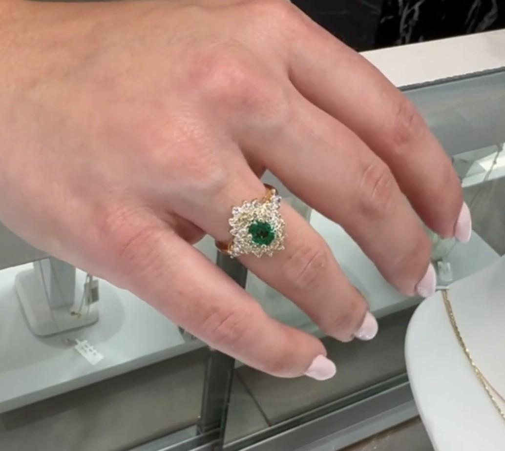 Preowned 14K Yellow Gold 0.70 Carat Oval Emerald and 1.00 Carat Diamond Ring For Sale 2