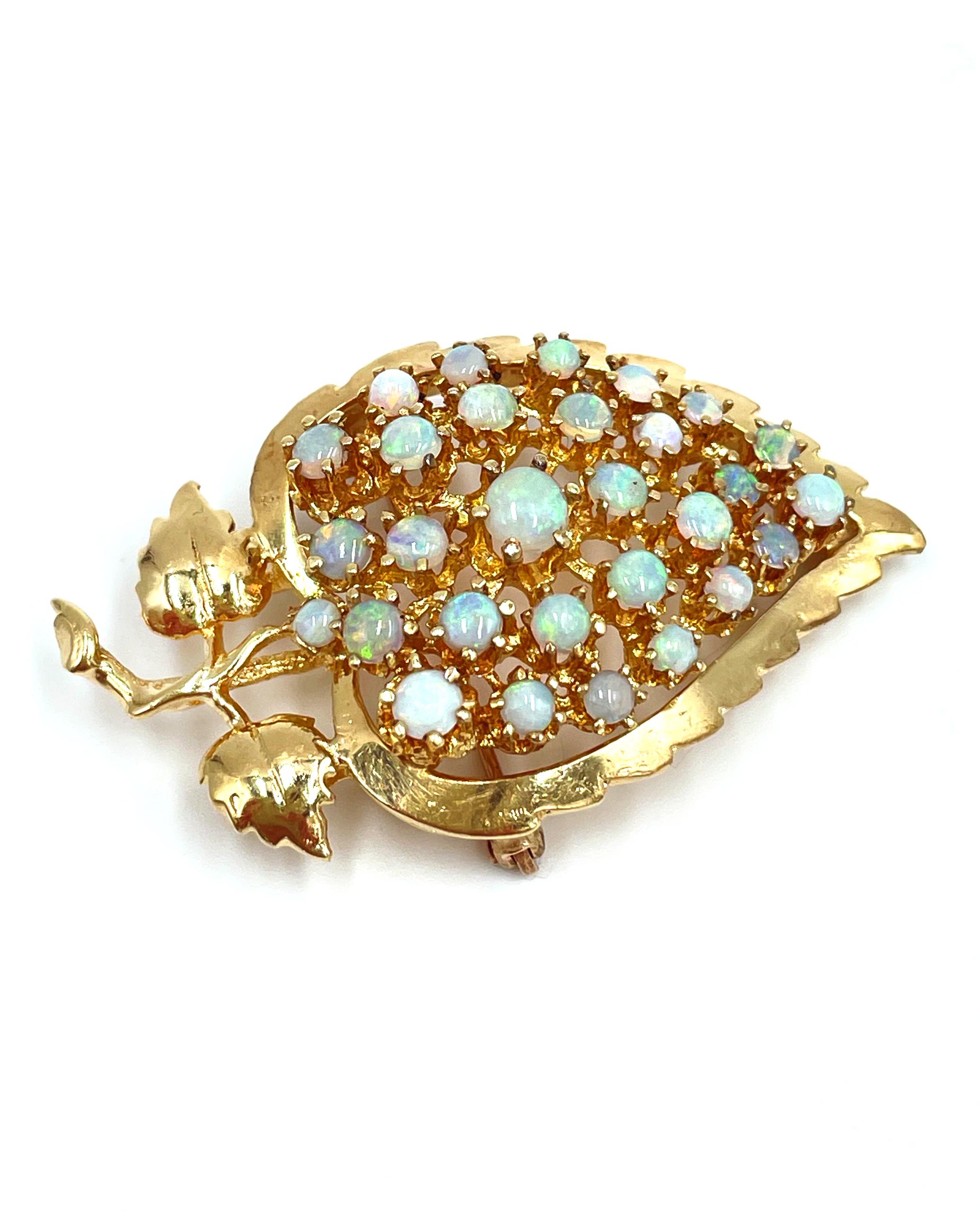Cabochon Preowned 14K Yellow Gold Brooch Pin / Pendant with Opals Circa 1960s For Sale
