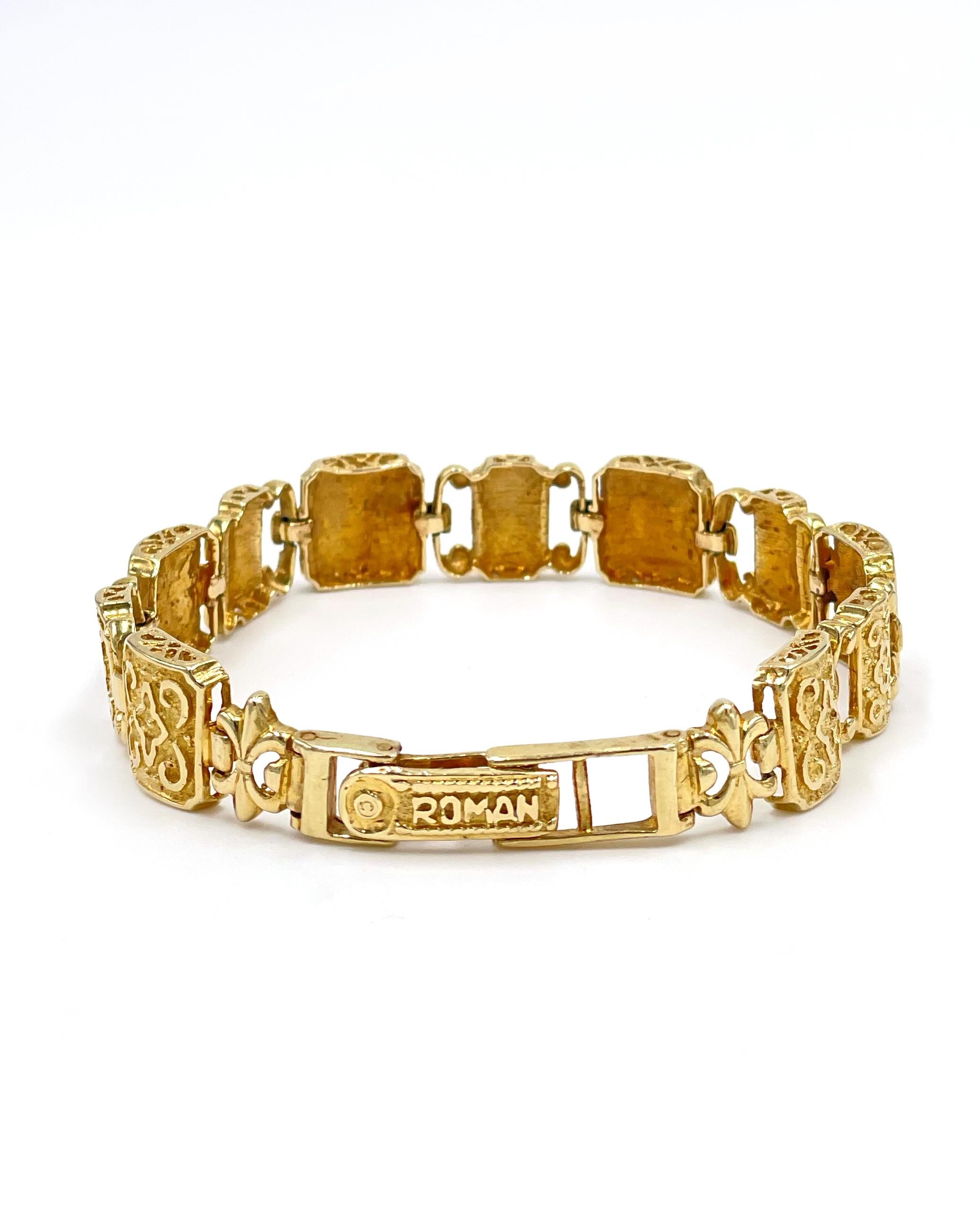 Preowned 14K yellow gold square link bracelet with modern Byzantine design. 

* 7 inches long
* 17.5 grams 
* 11mm wide
* Stamped 