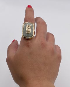 Preowned 14K Yellow Gold Chinese Good Luck Fortune Symbols Light Green Jade Ring