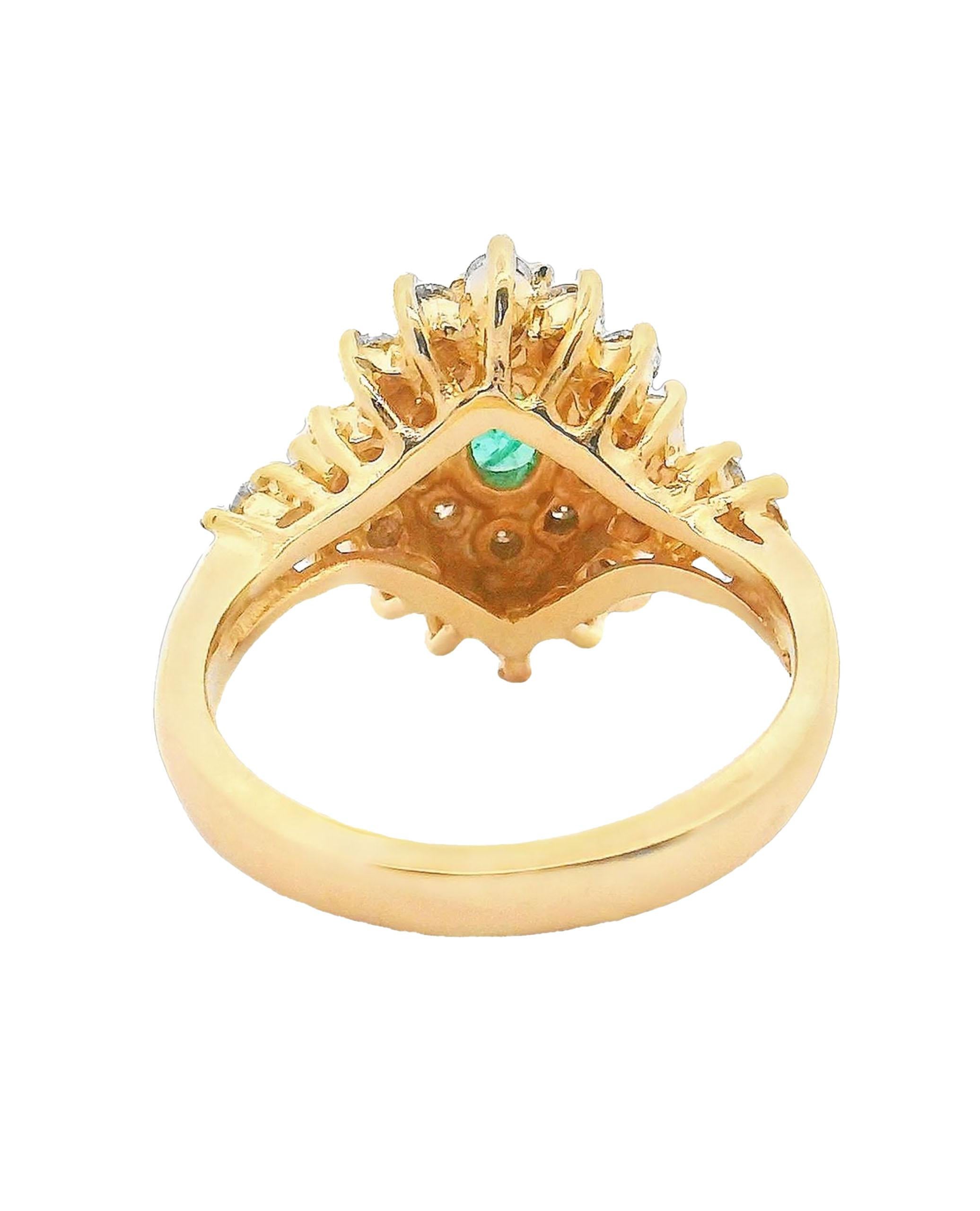 Contemporary Preowned 14K Yellow Gold Emerald and Diamond Ring For Sale