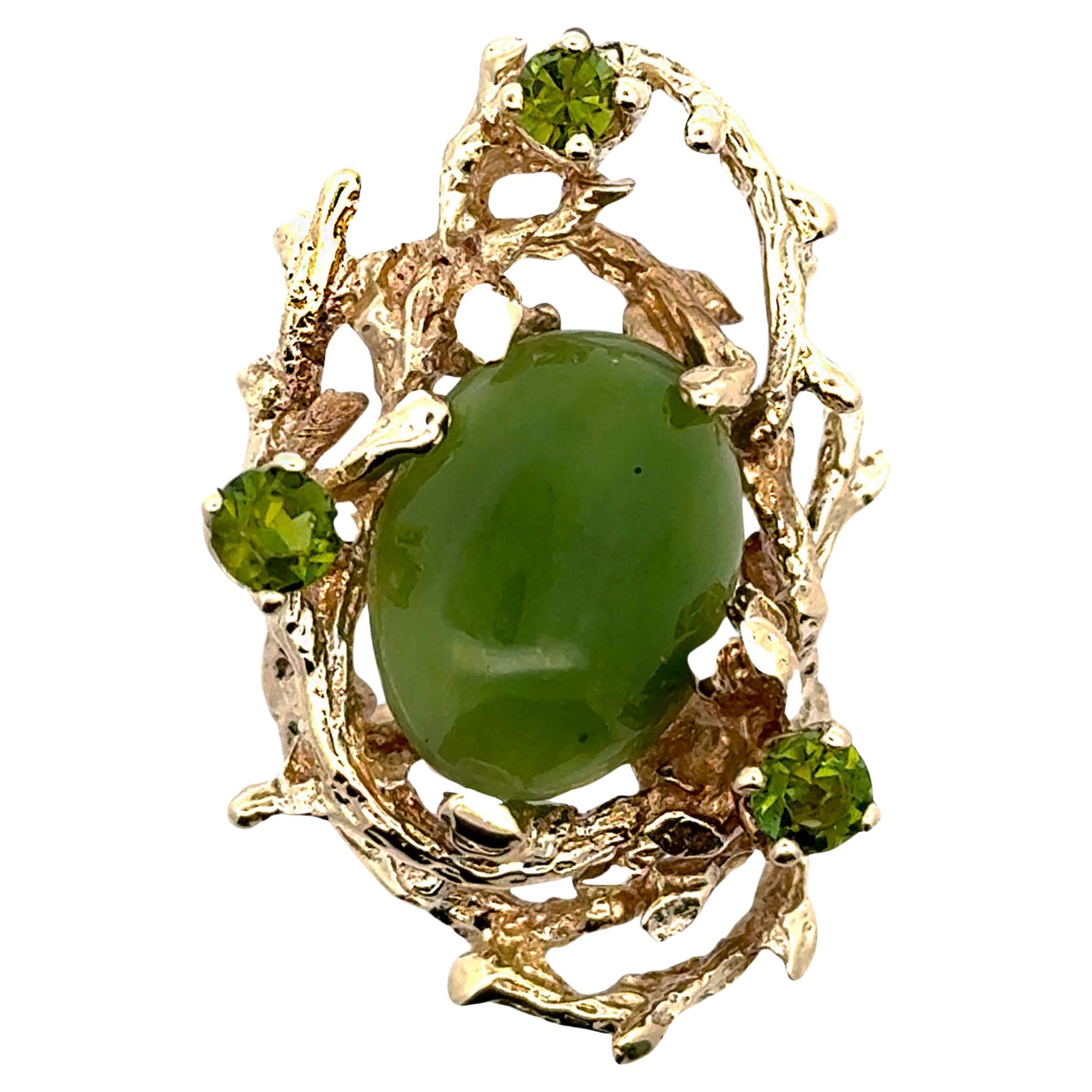 Preowned 14K Yellow Gold Organic Style Ring with Jade and Peridot For Sale