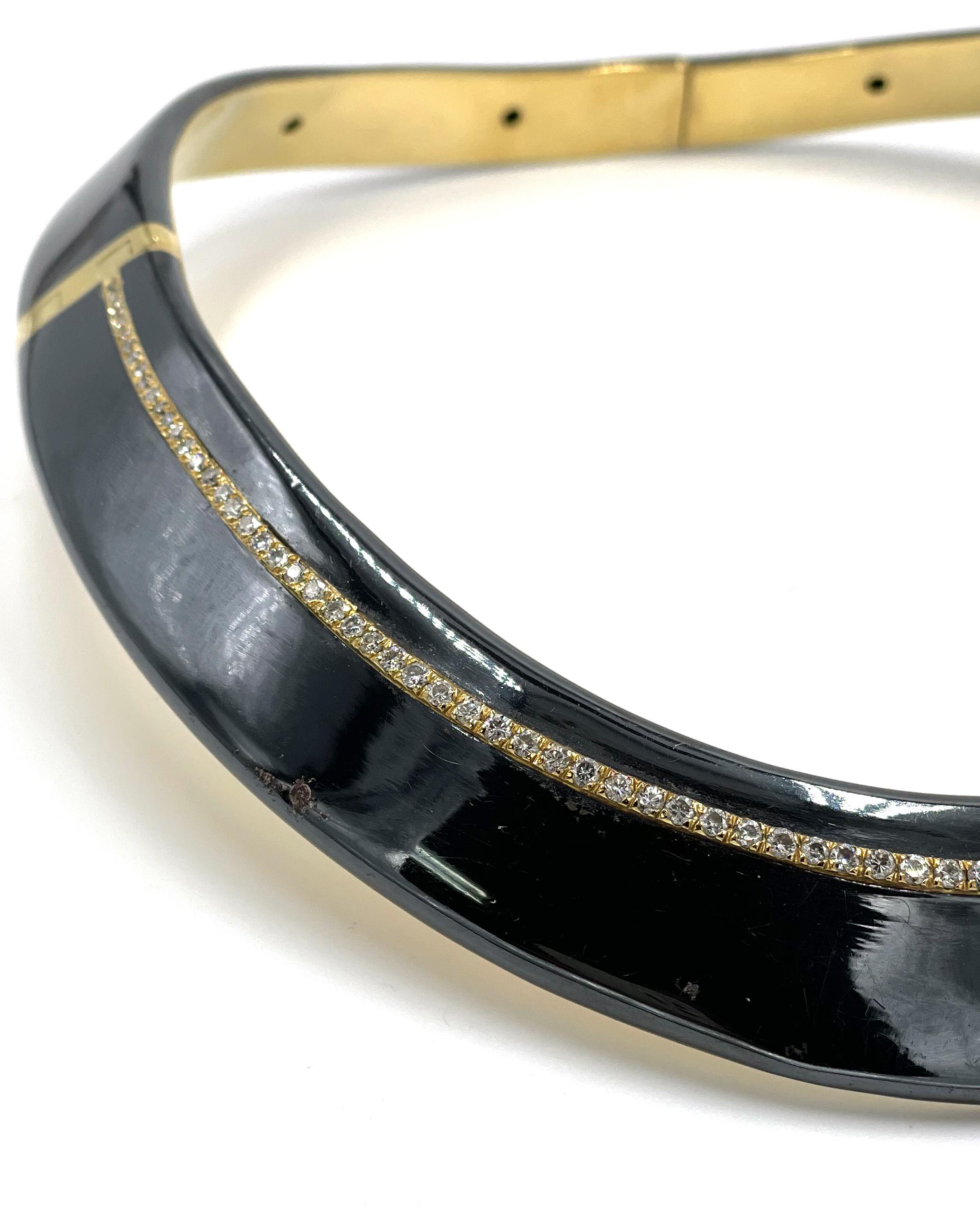 Preowned 18K Yellow Gold Black Enamel and Diamond Collar Necklace In Fair Condition For Sale In Old Tappan, NJ