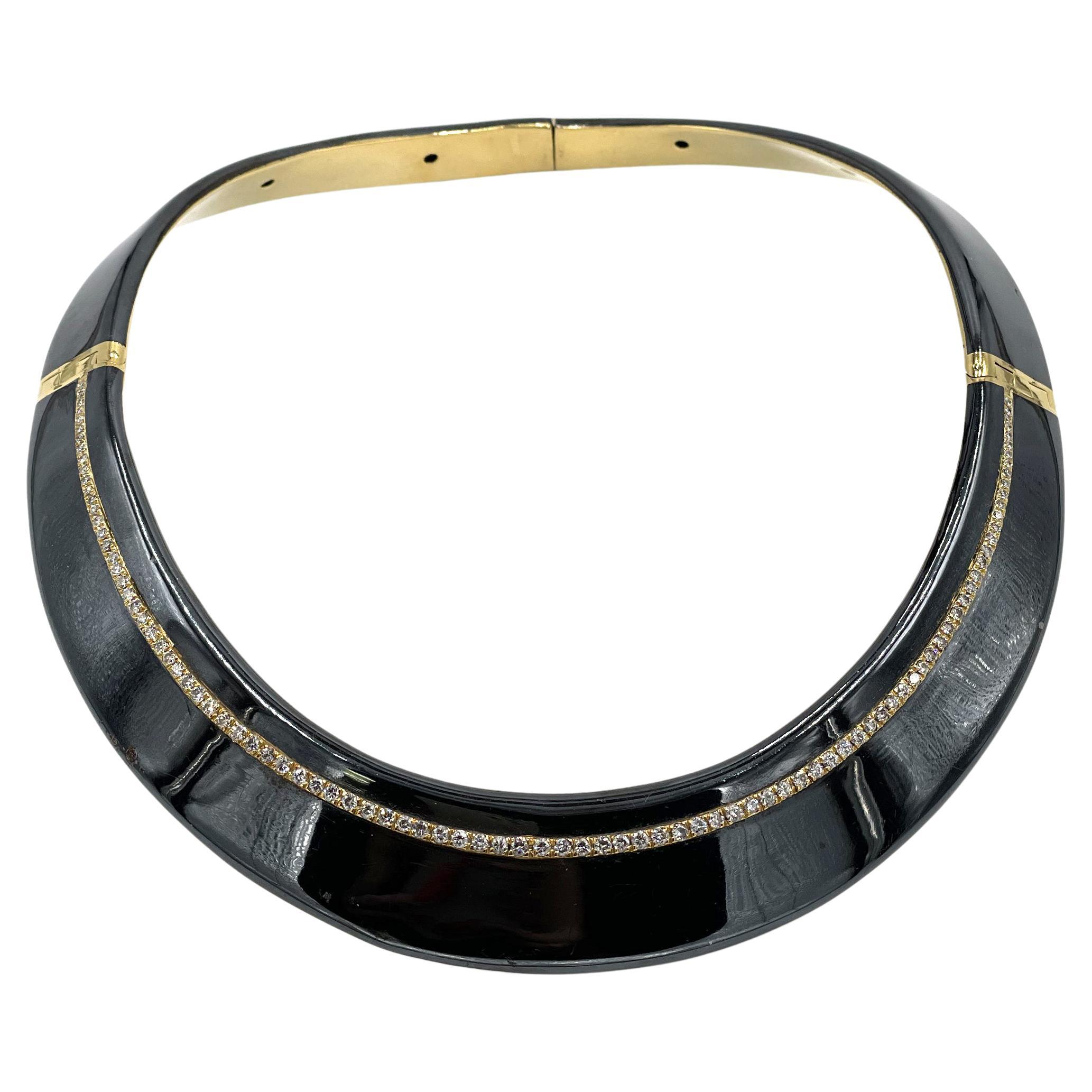 Preowned 18K Yellow Gold Black Enamel and Diamond Collar Necklace
