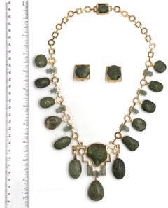 Pebble Jade Statement Necklace with Matching Clip on Earrings in 18K Yellow Gold