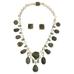 Retro 18K Yellow Gold Pebble Jade Statement Necklace with Matching Clip on Earrings