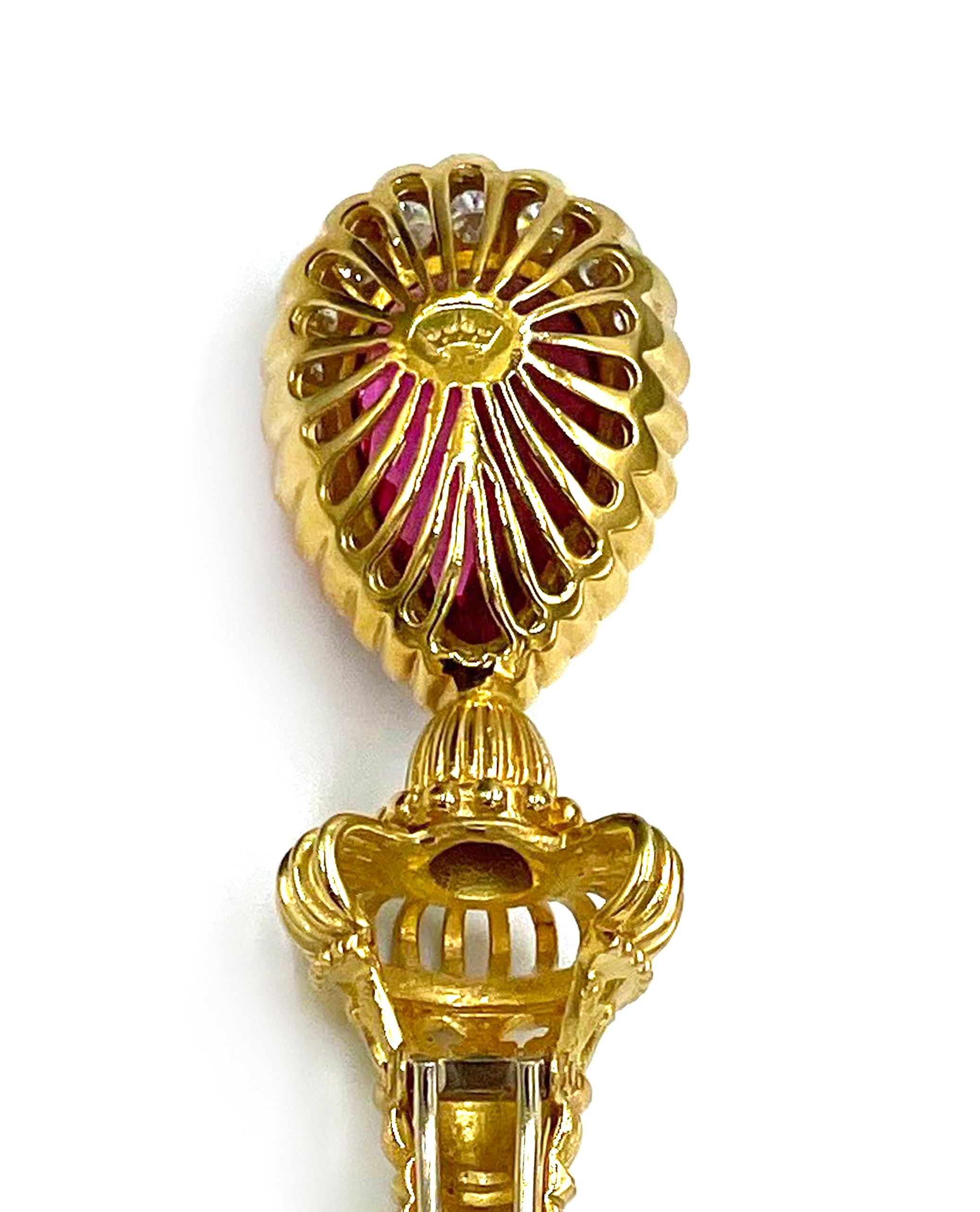 Pear Cut Preowned Cynthia Bach 18K Yellow Gold Rubellite and Diamond Brooch For Sale