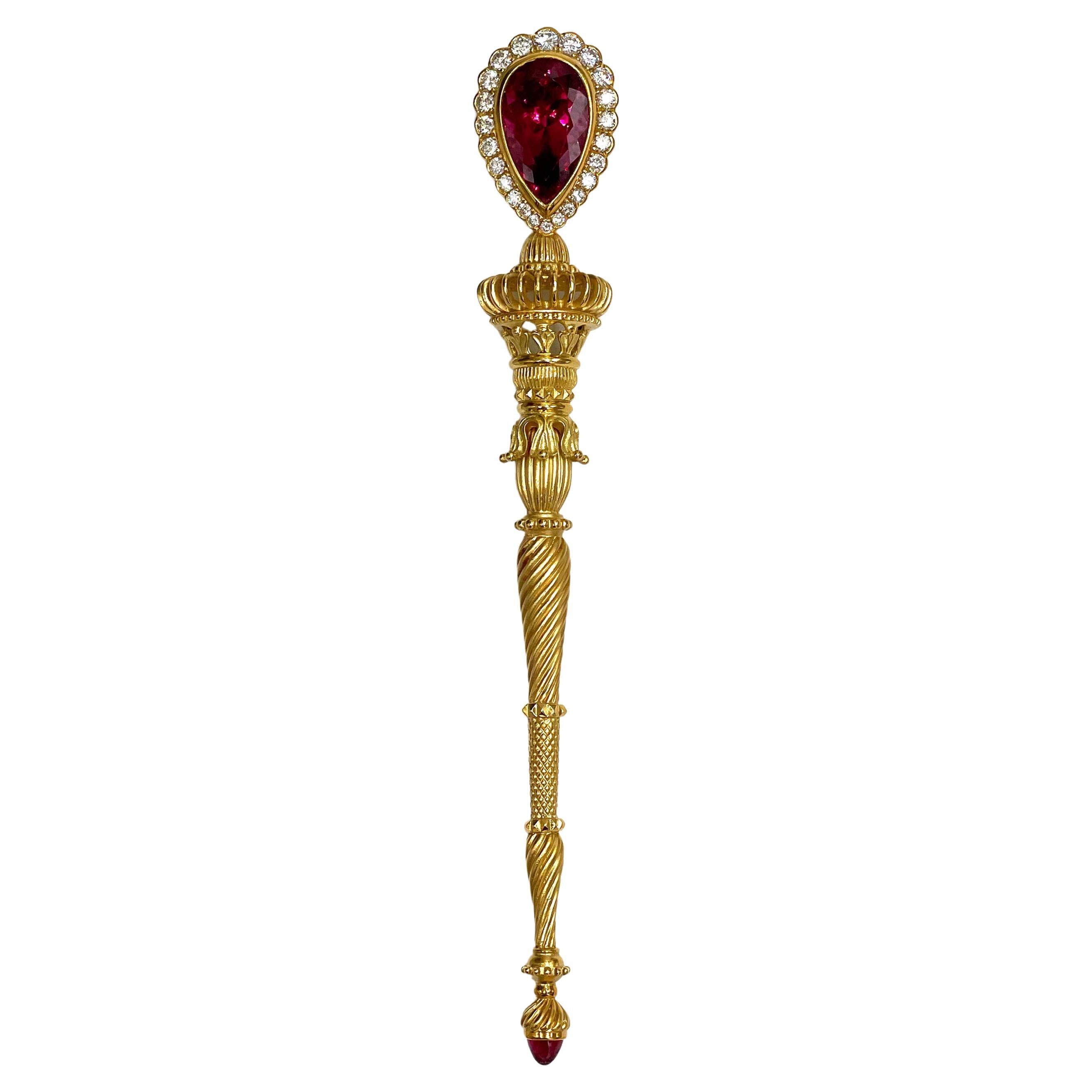 Preowned Cynthia Bach 18K Yellow Gold Rubellite and Diamond Brooch For Sale