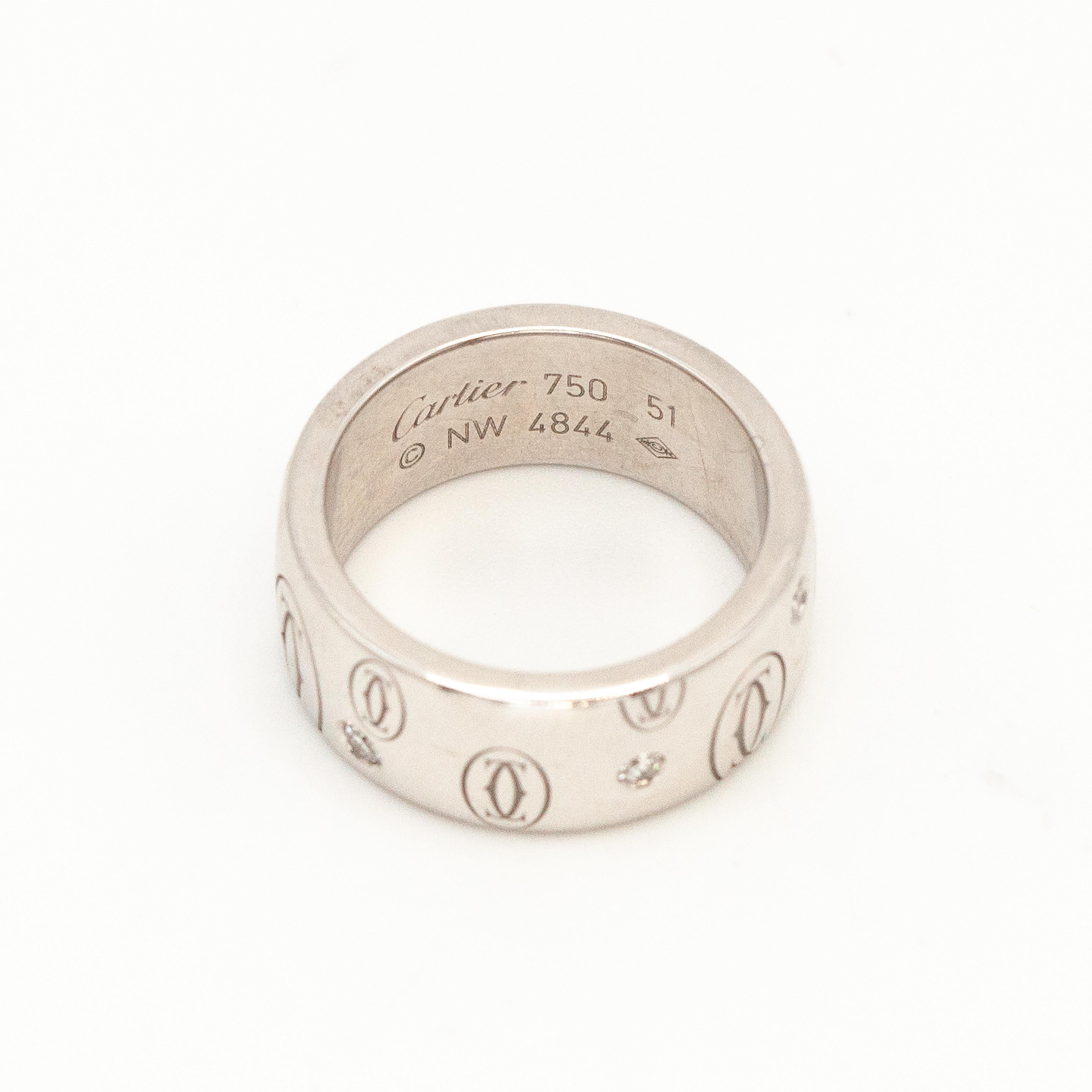Modern Preowned CARTIER 18K WG 5-Diamond Happy Birthday Double C logo Ring For Sale
